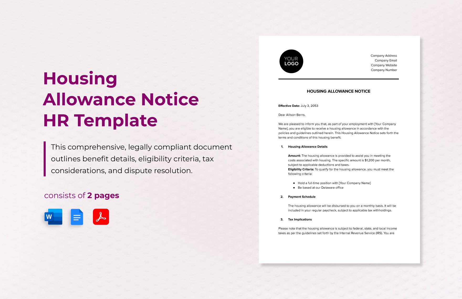 Housing Allowance Notice HR Template in Word, Google Docs, PDF