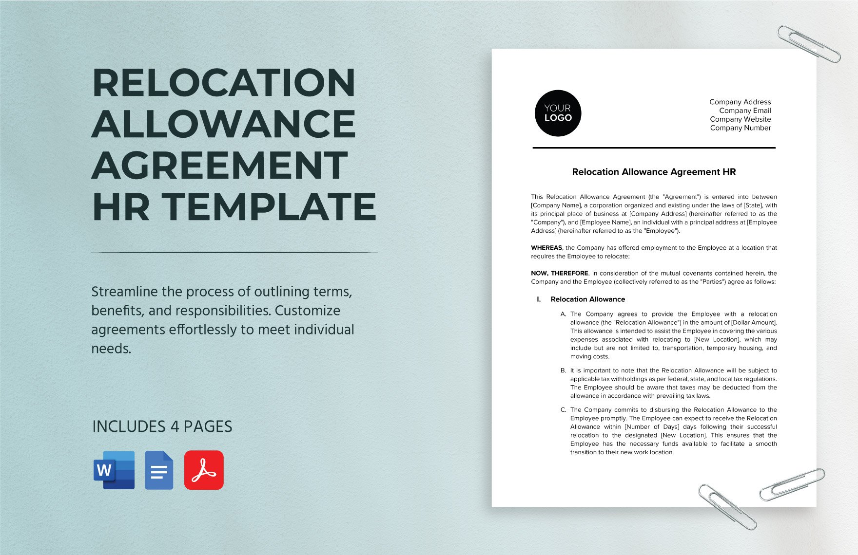 Relocation Allowance Agreement HR Template in Word, Google Docs, PDF