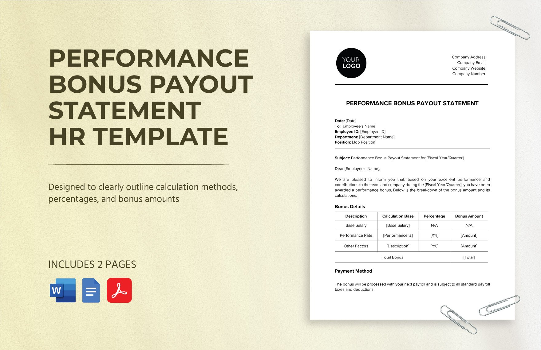 Performance Bonus Payout Statement HR Template in Word, Google Docs, PDF