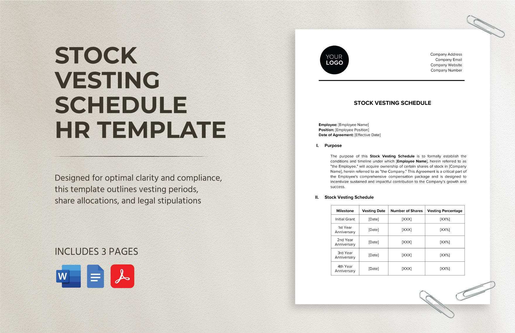 Stock Vesting Schedule HR Template in Word, Google Docs, PDF