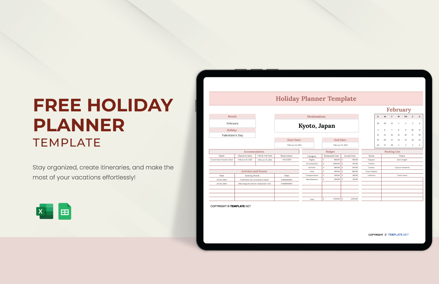 Free Holiday Planner Template Download in Excel, Google Sheets