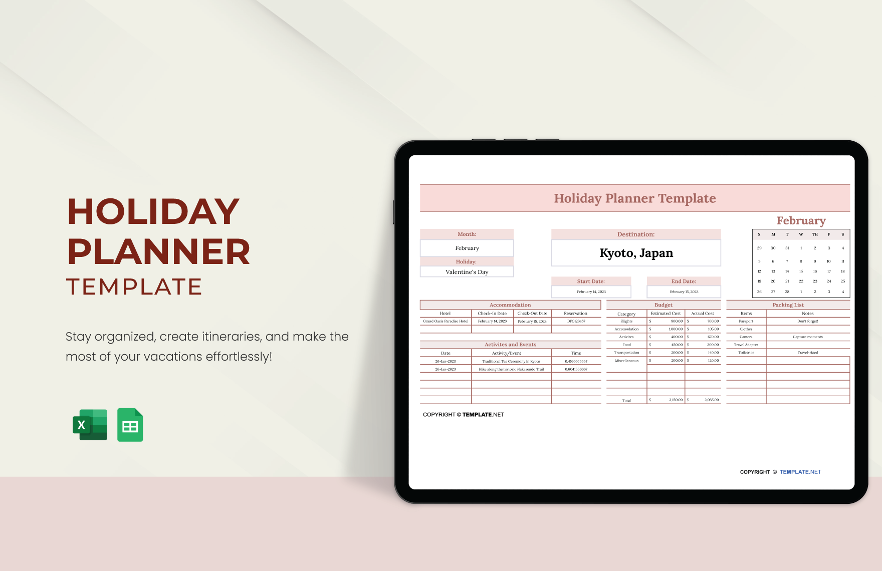 Free Holiday Planner Template in Excel, Google Sheets