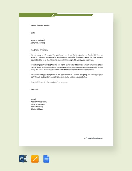 FREE Trainee Appointment Letter Template - Word | Google Docs | Apple ...