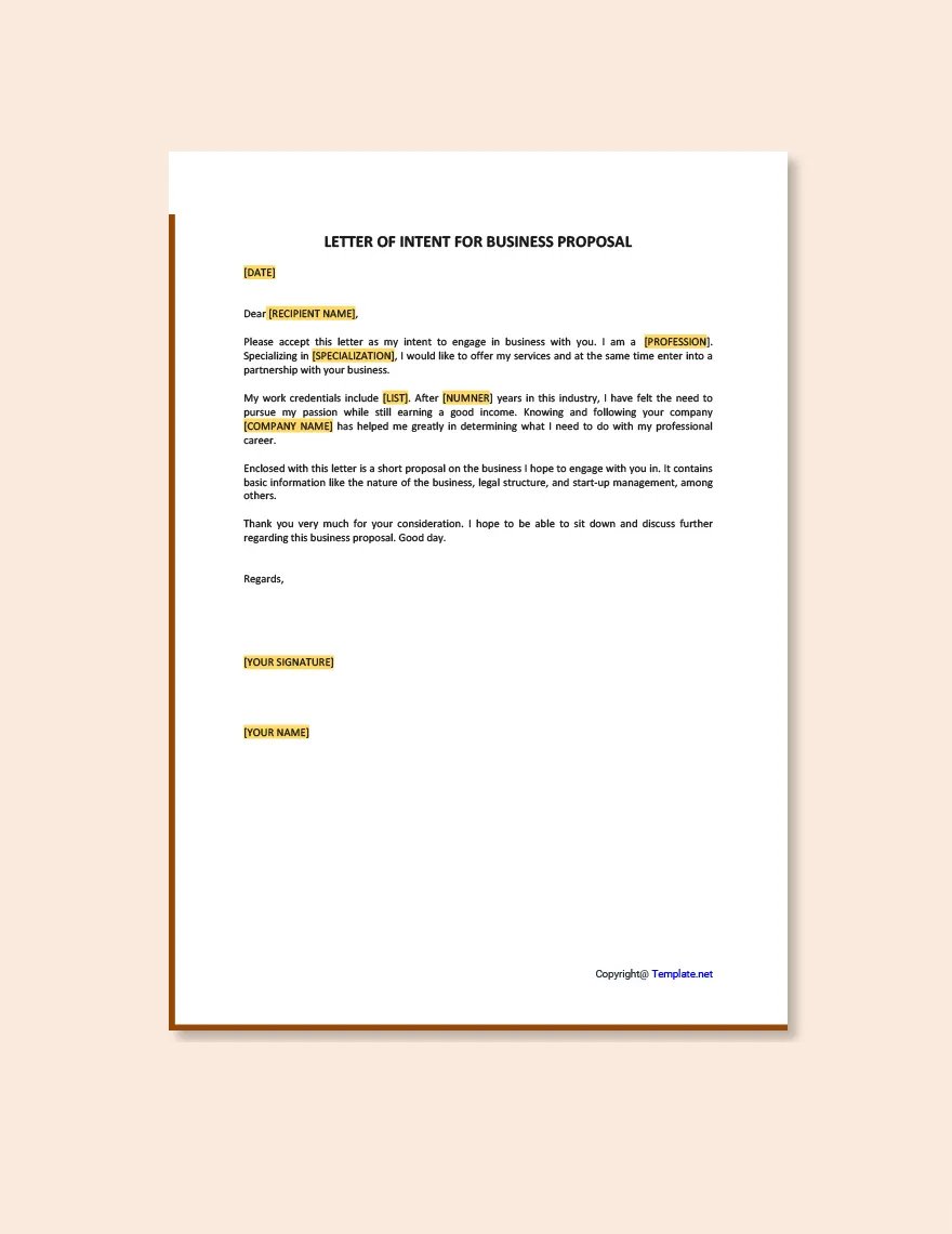 Letter Of Intent For Business Proposal Template