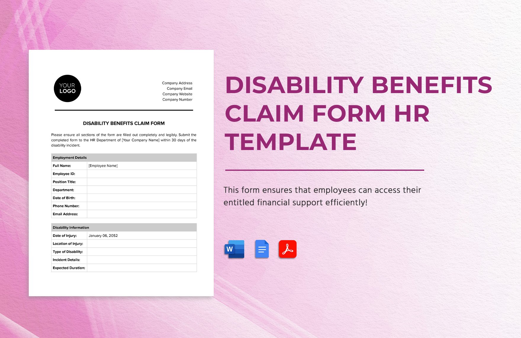 Disability Benefits Claim Form HR Template in Word, Google Docs, PDF