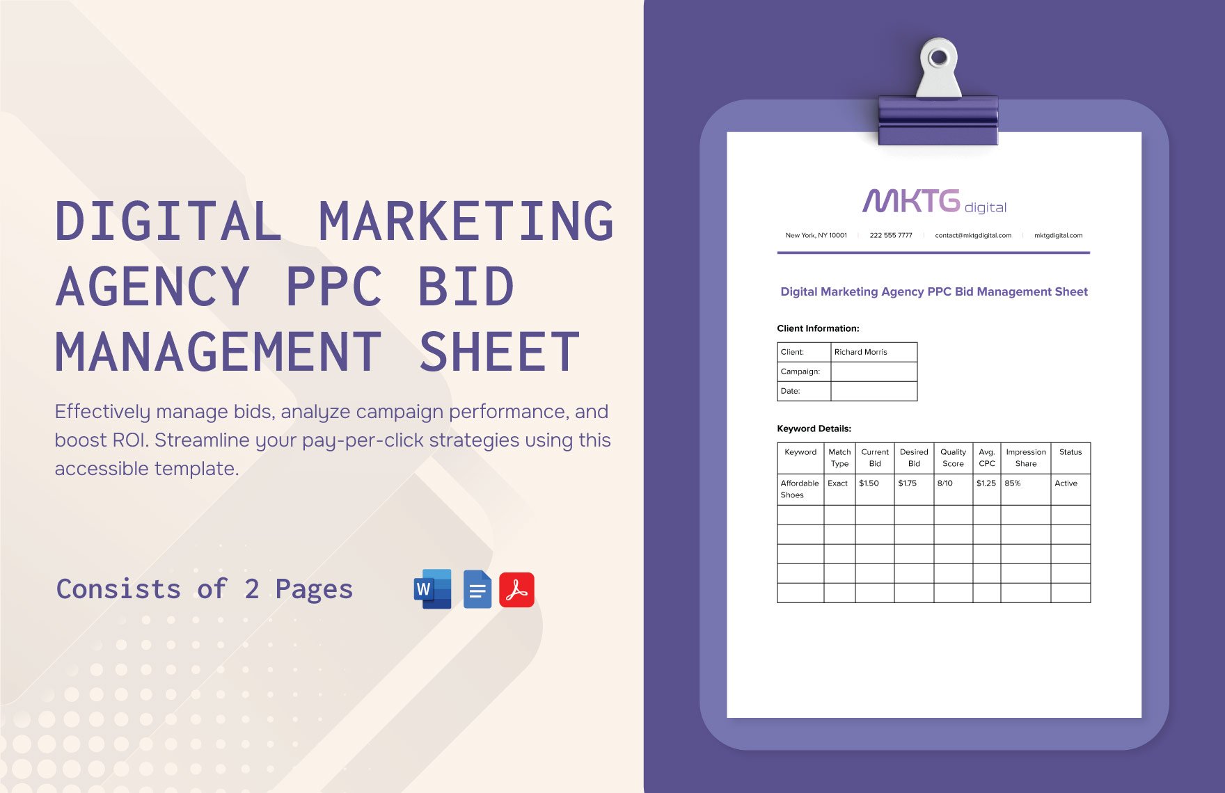 Digital Marketing Agency PPC Bid Management Sheet Template