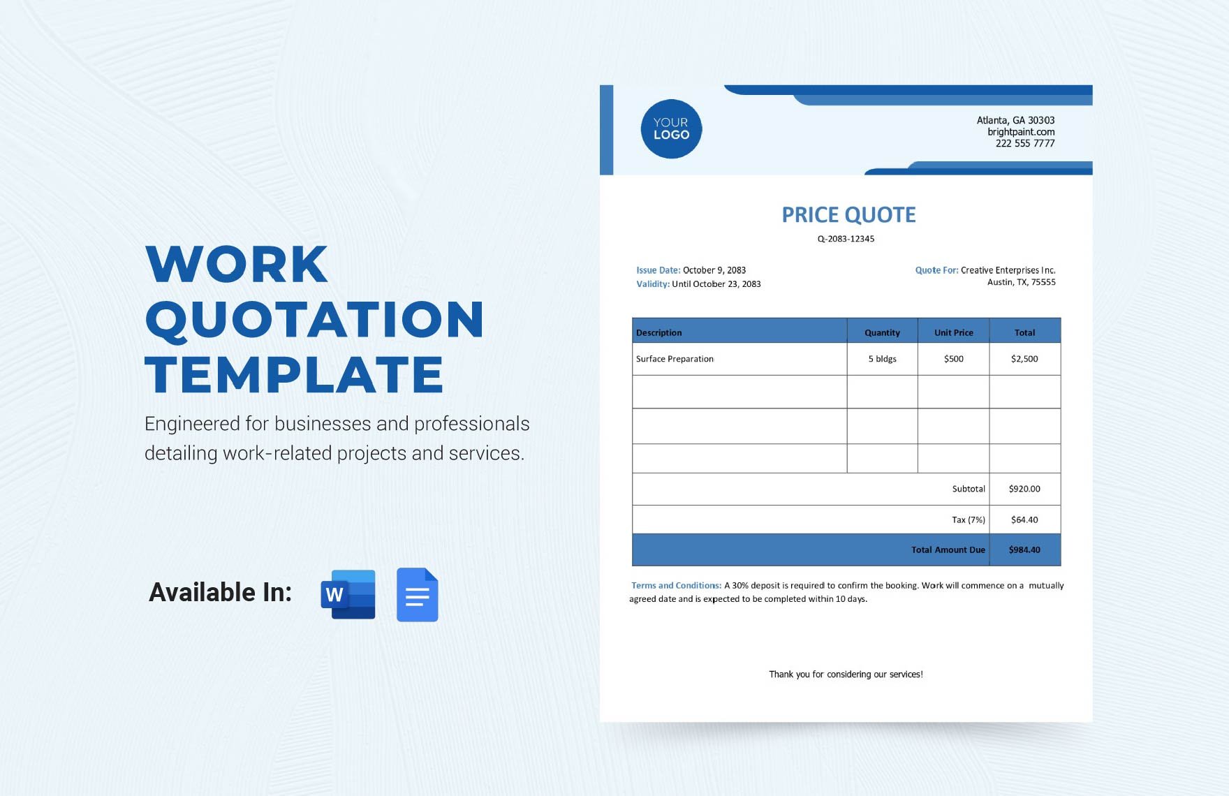 Work Quotation Template in Word, Google Docs
