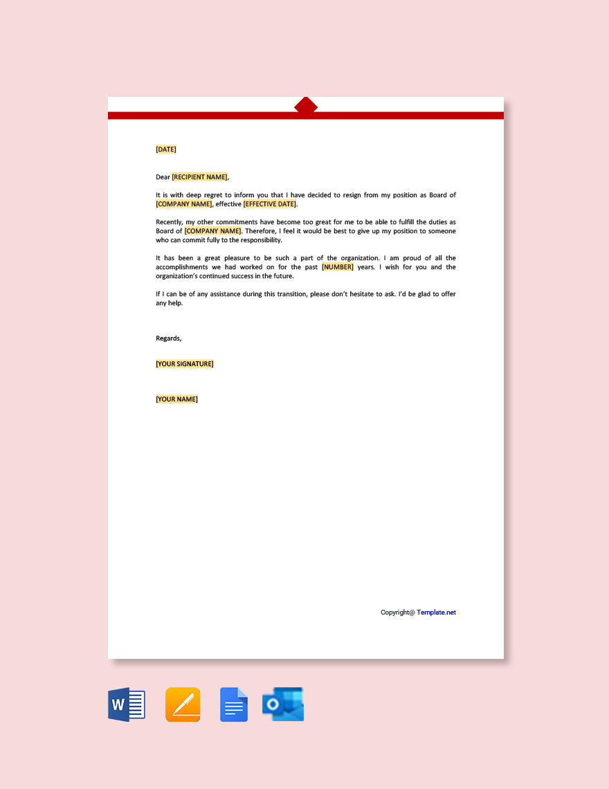 Non Profit Board Resignation Letter in Word, Google Docs, PDF, Apple Pages, Outlook