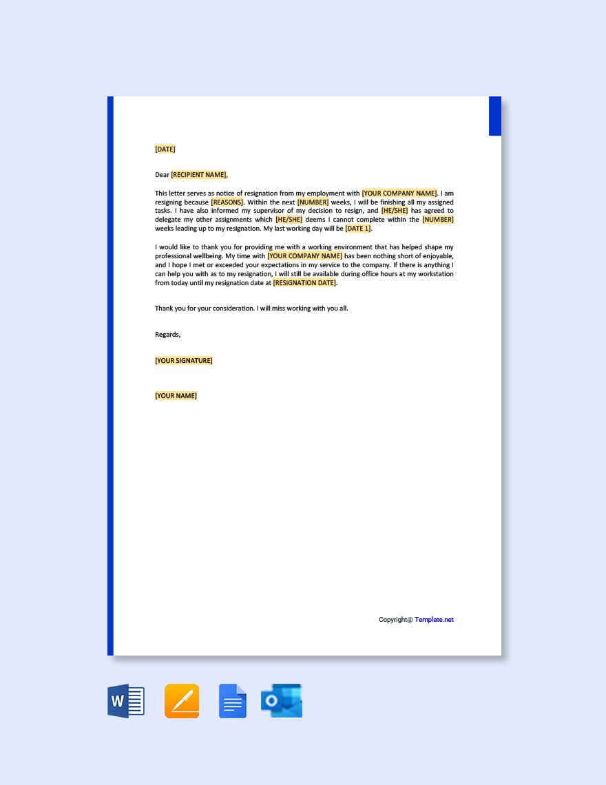Free Resignation Letter With Notice Period in Word, Google Docs, PDF, Apple Pages, Outlook