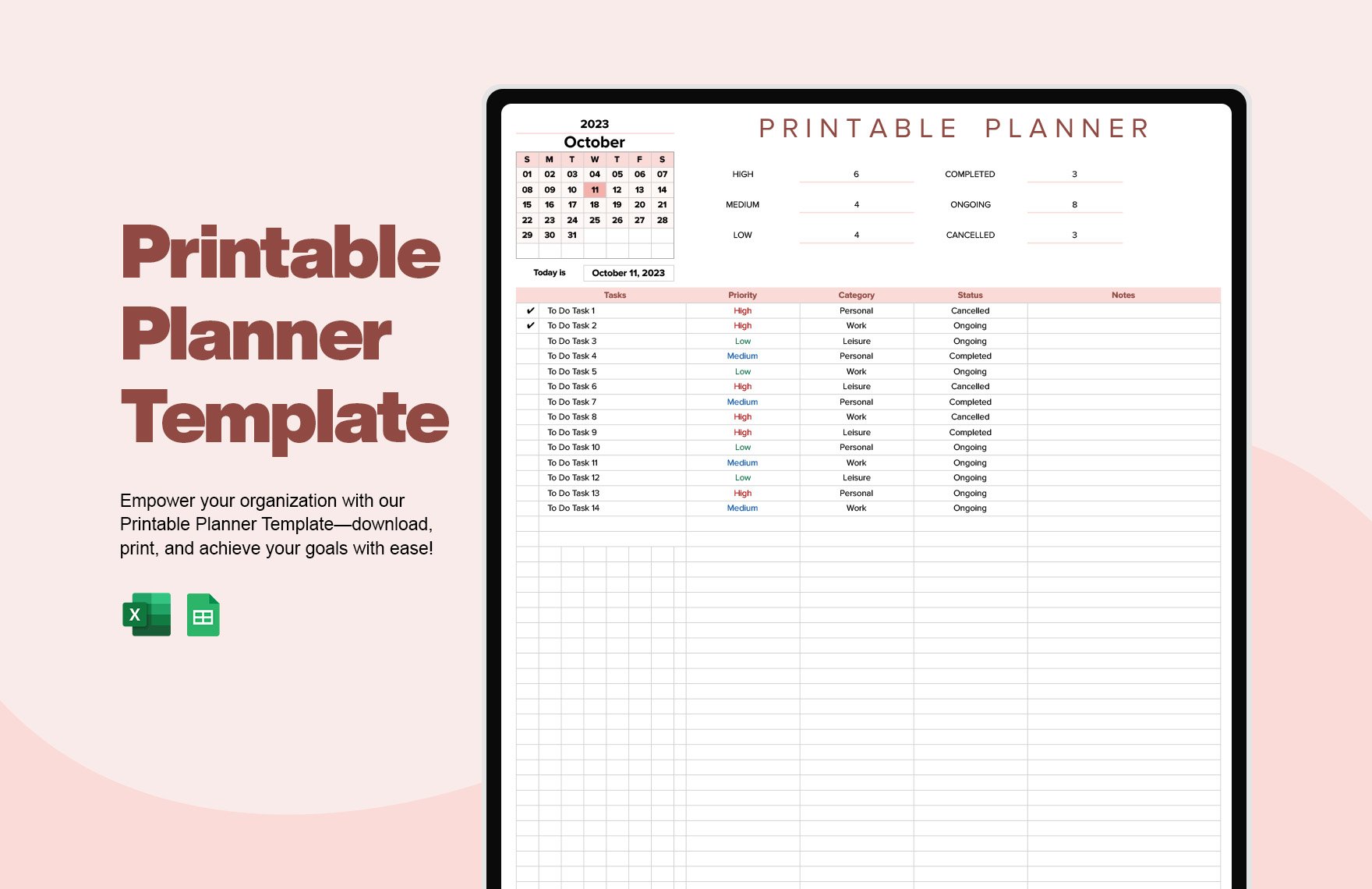 Free Printable Planner Template in Excel, Google Sheets