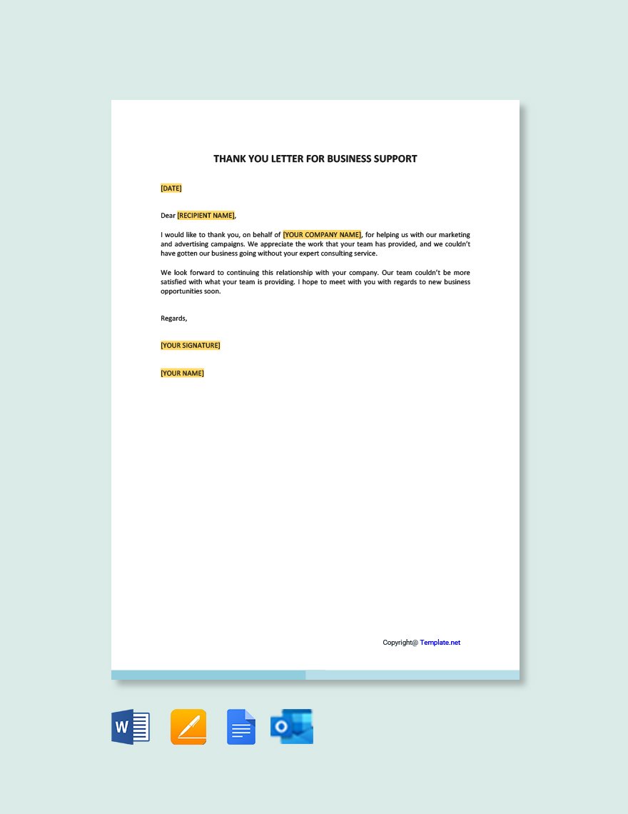 Thank You Letter For Business Support Template