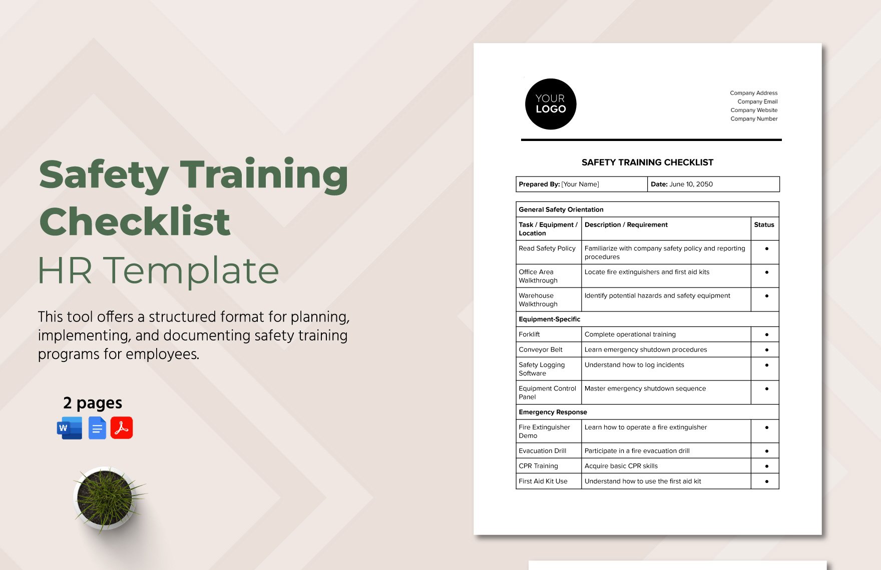 Safety Training Checklist HR Template