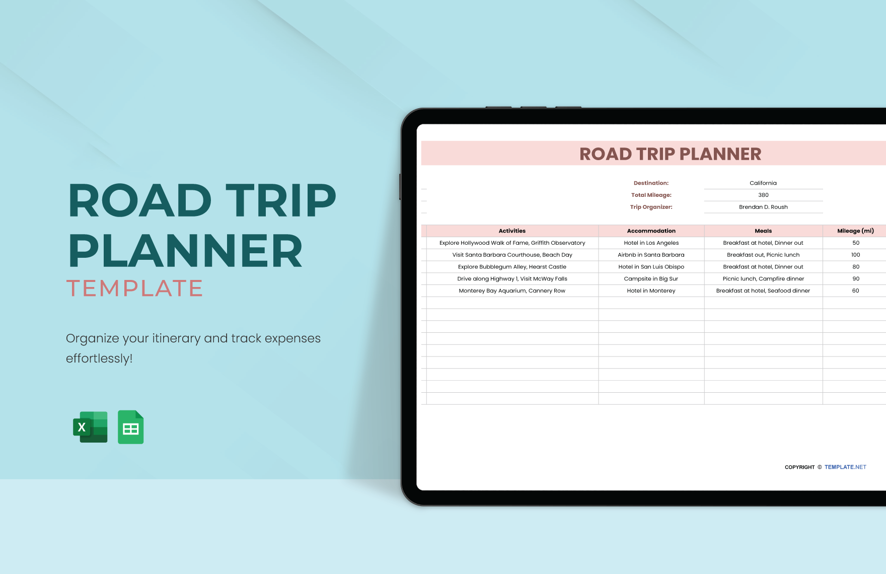 Free Road Trip Planner Template in Excel, Google Sheets