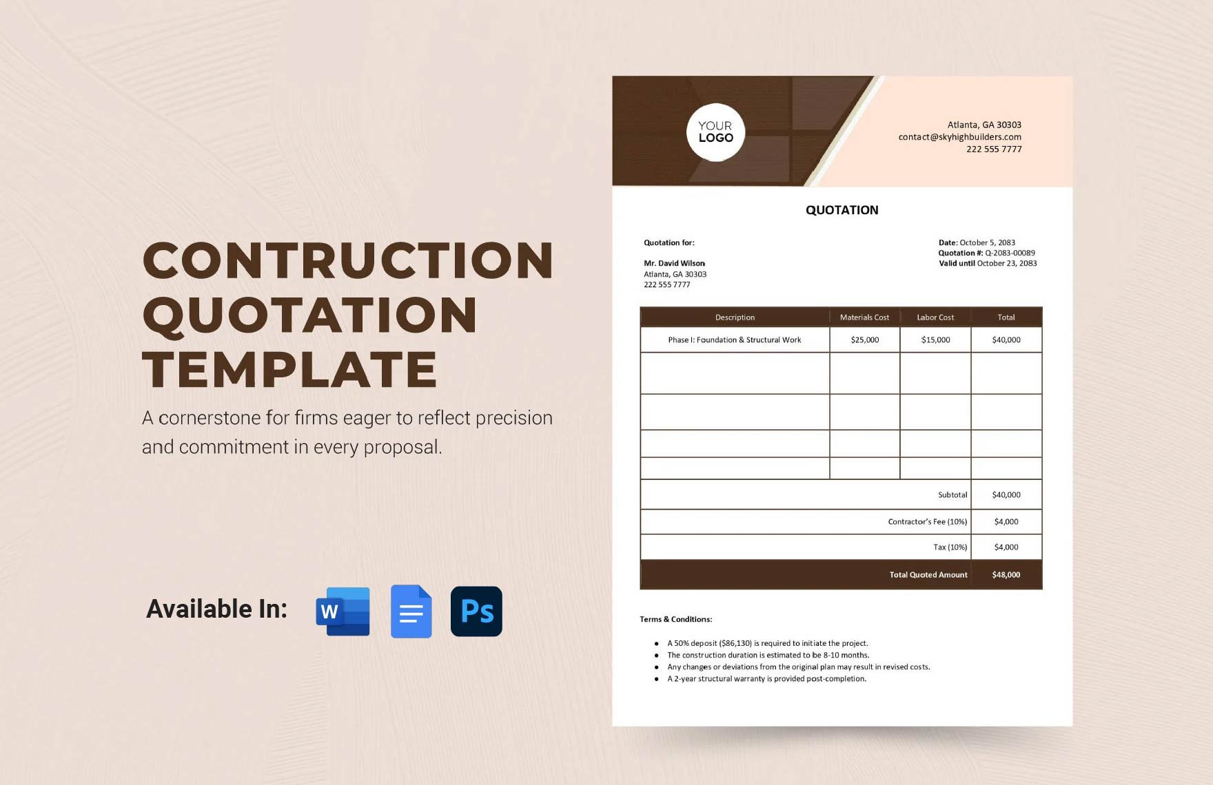 Construction Quotation Template in Word, Google Docs, PSD