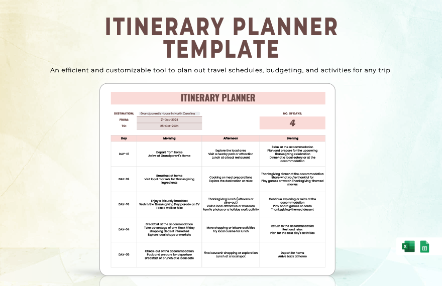Itinerary Planner Template in Excel, Google Sheets - Download | Template.net