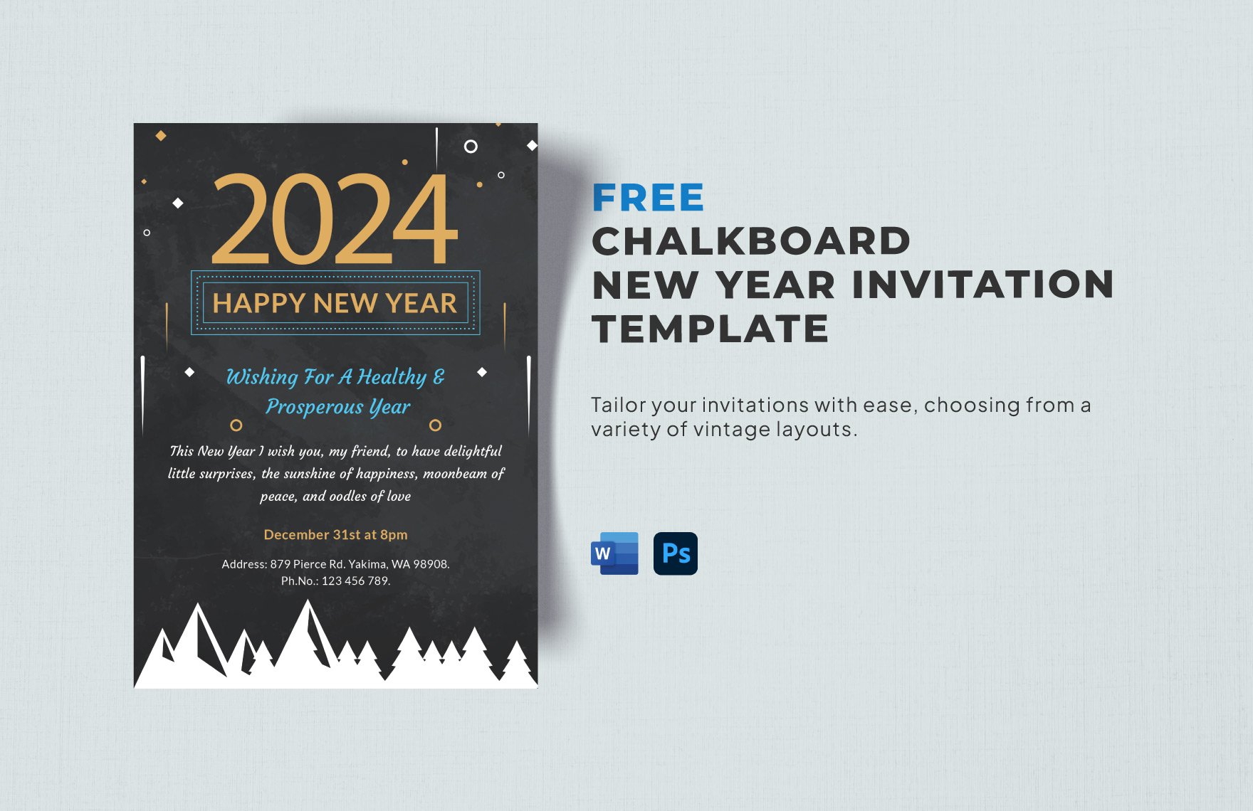 Chalkboard New Year Invitation Template in Word, PSD, Apple Pages
