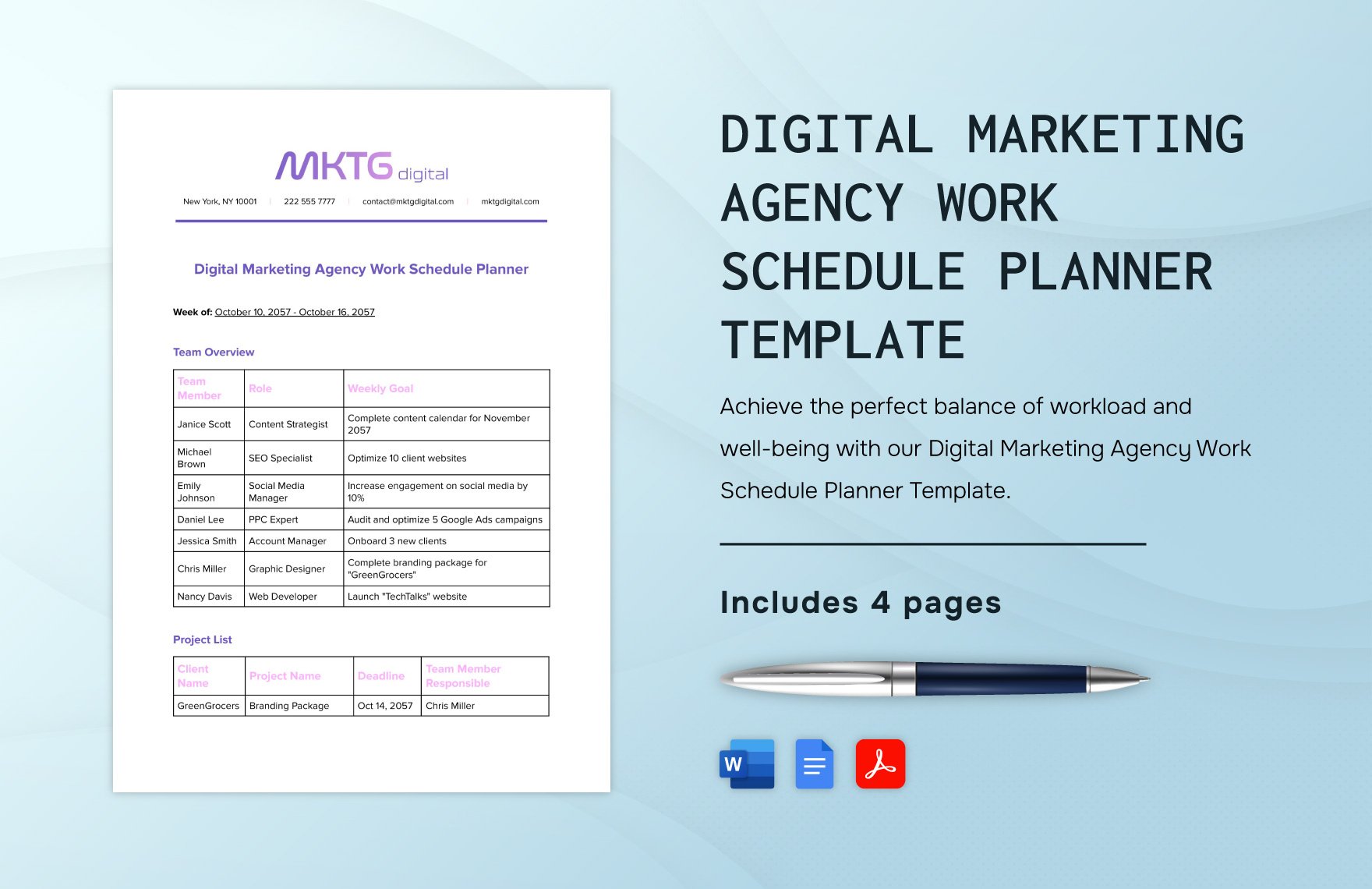 Digital Marketing Agency Work Schedule Planner Template