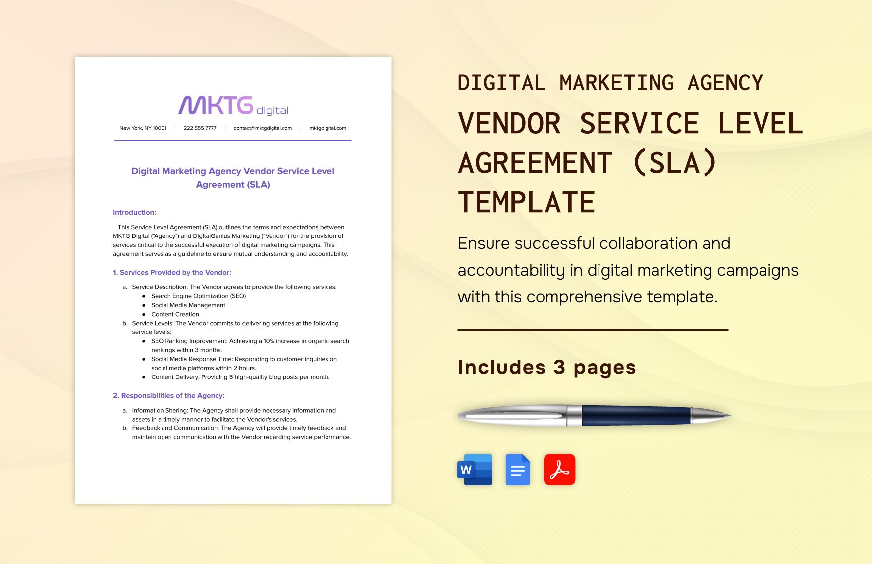 Digital Marketing Agency Vendor Service Level Agreement (SLA) Template in Word, Google Docs, PDF