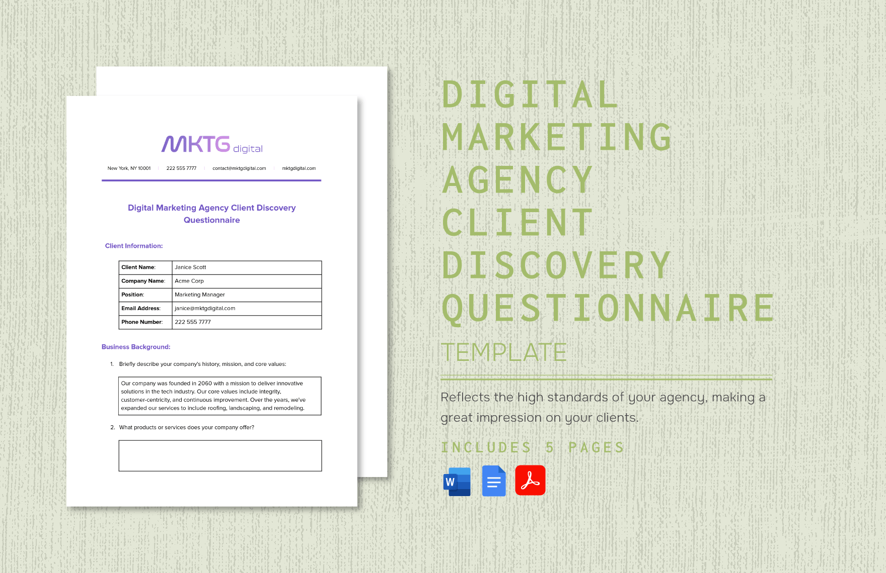 Digital Marketing Agency Client Discovery Questionnaire Template in Word, Google Docs, PDF