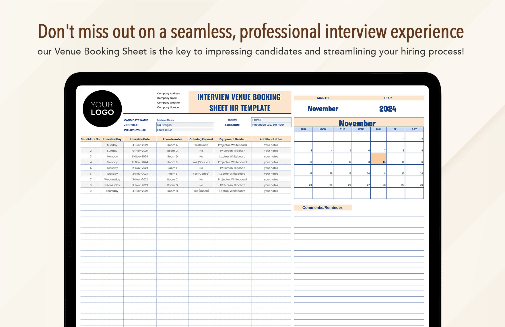 Interview Venue Booking Sheet HR Template