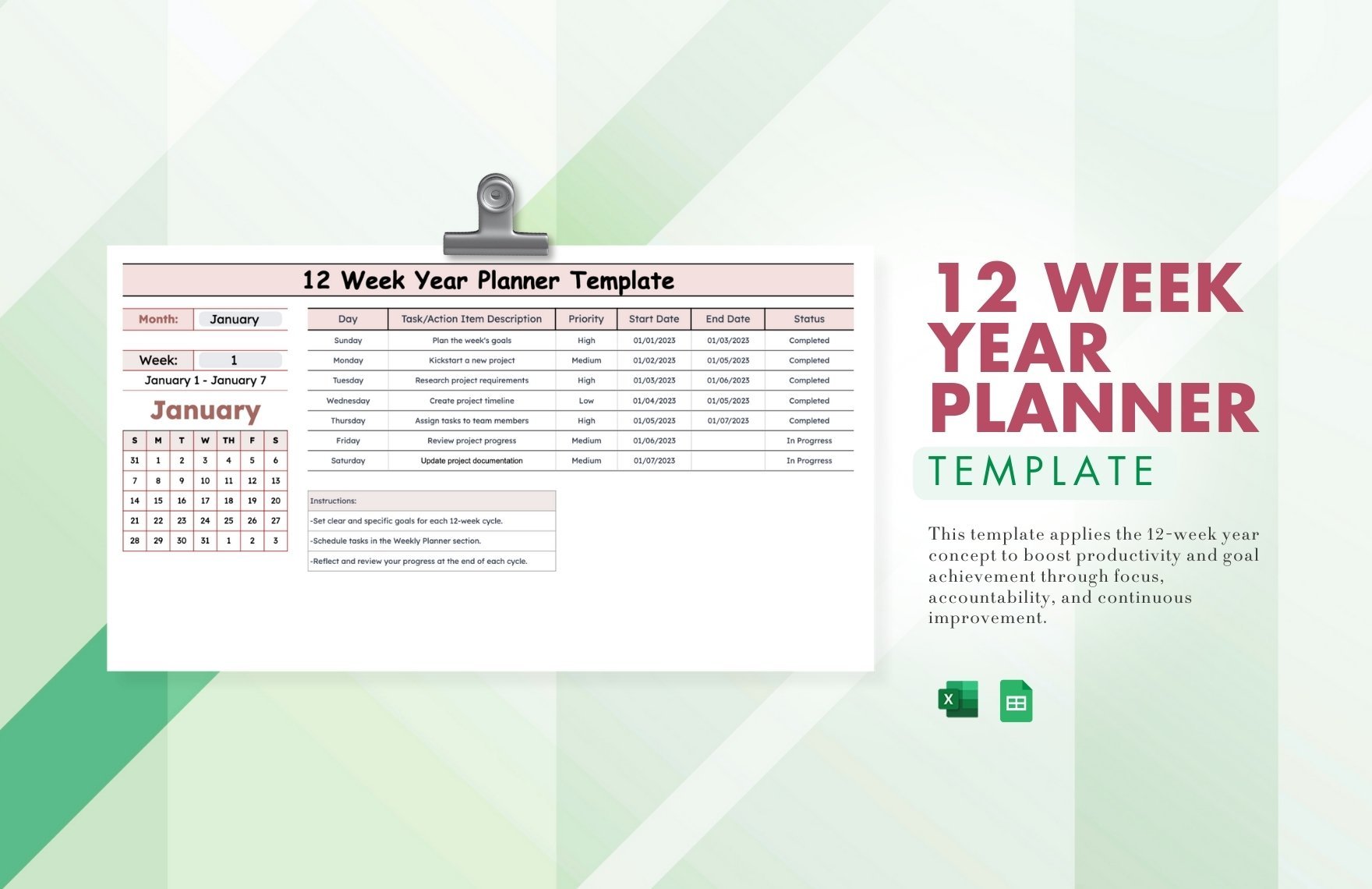 12 Week Year Planner Template in Excel, Google Sheets