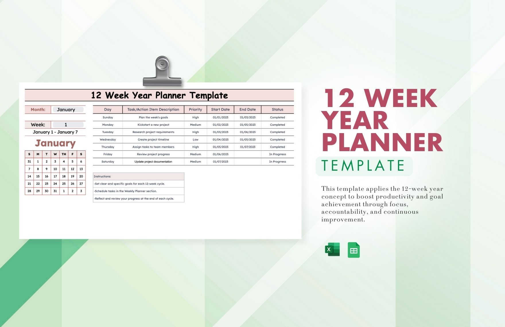 12 Week Year Planner Template in Excel, Google Sheets - Download | Template.net