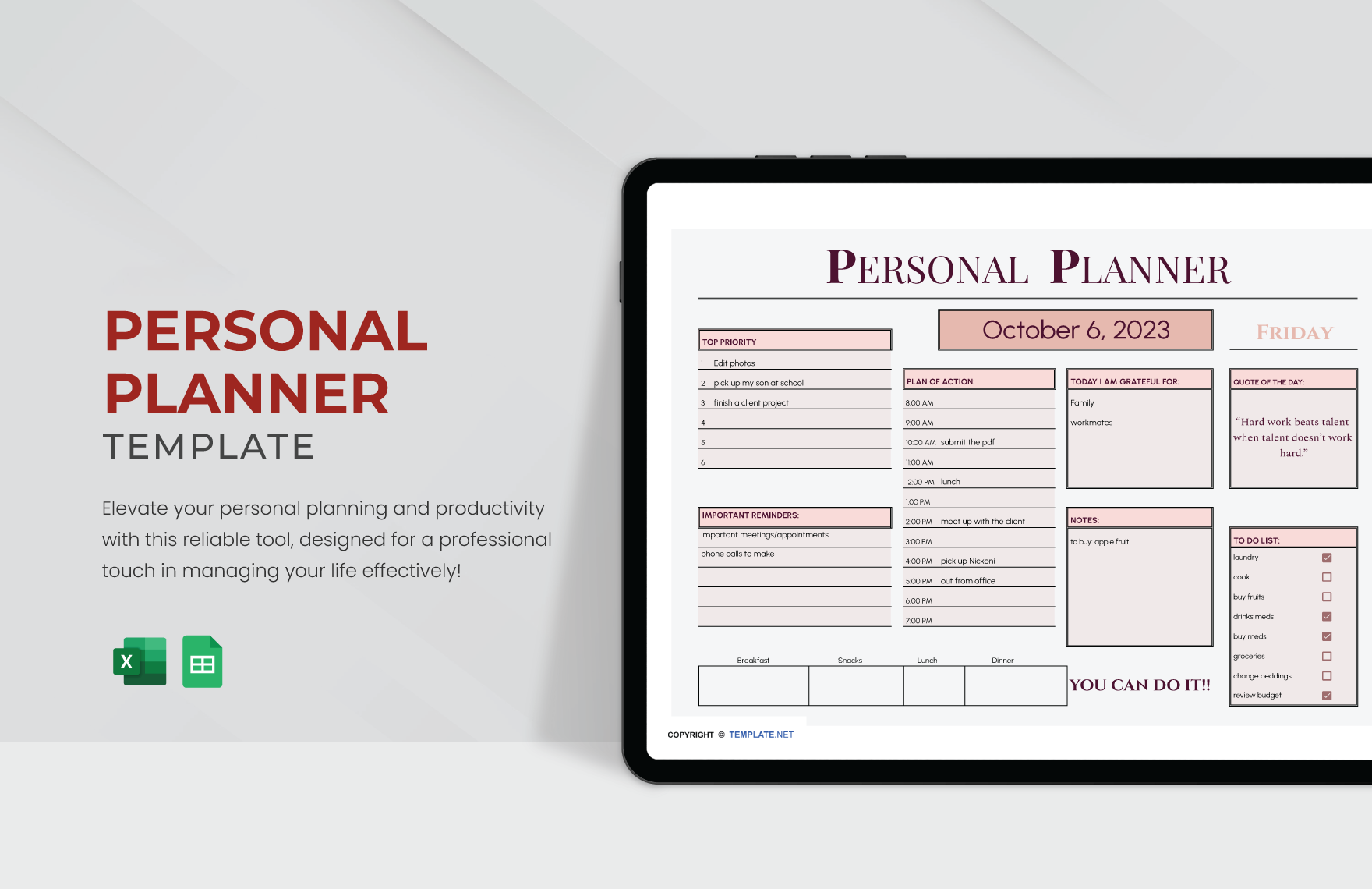 Free Personal Planner Template in Excel, Google Sheets