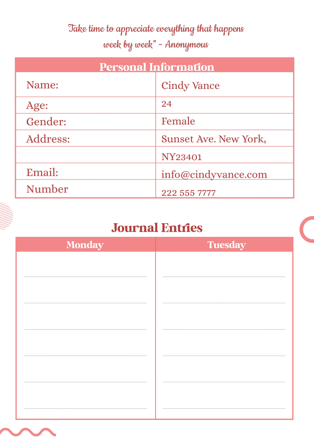 Free Weekly Journal Template to Edit Online