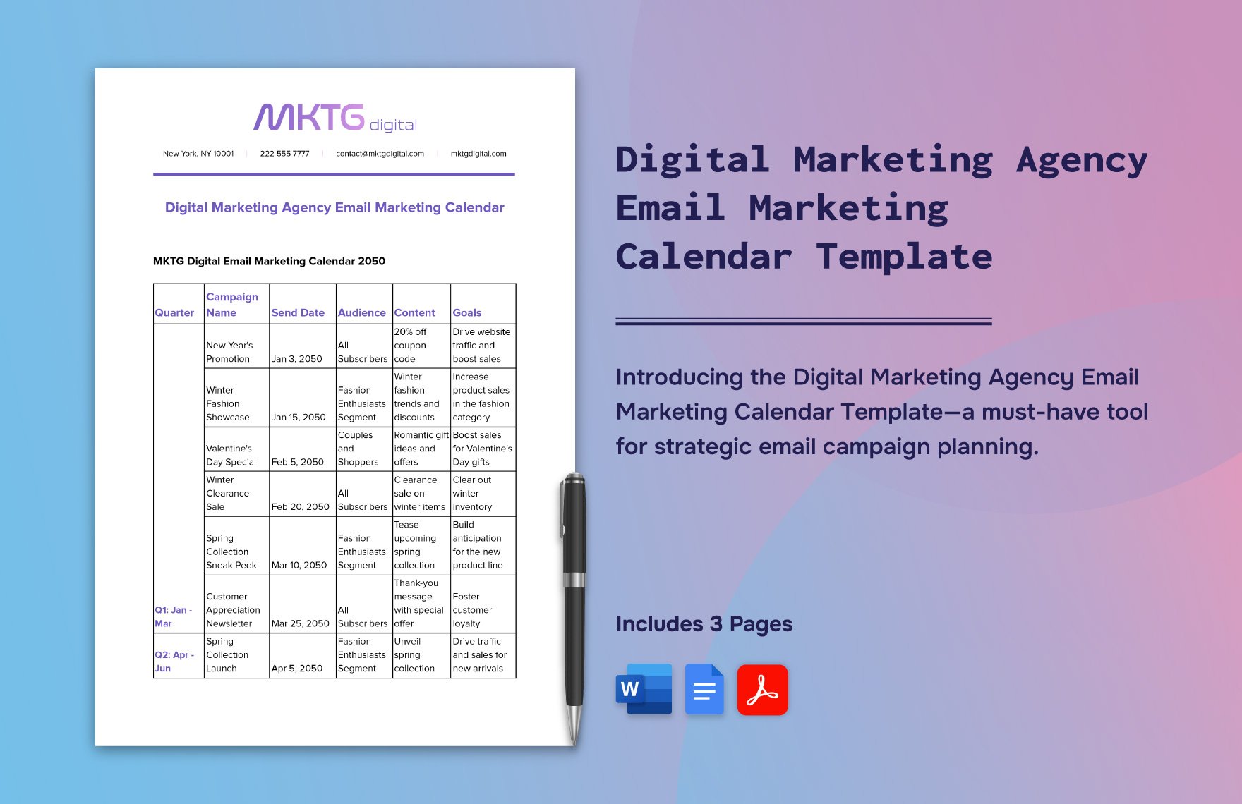 Digital Marketing Agency Email Marketing Calendar Template