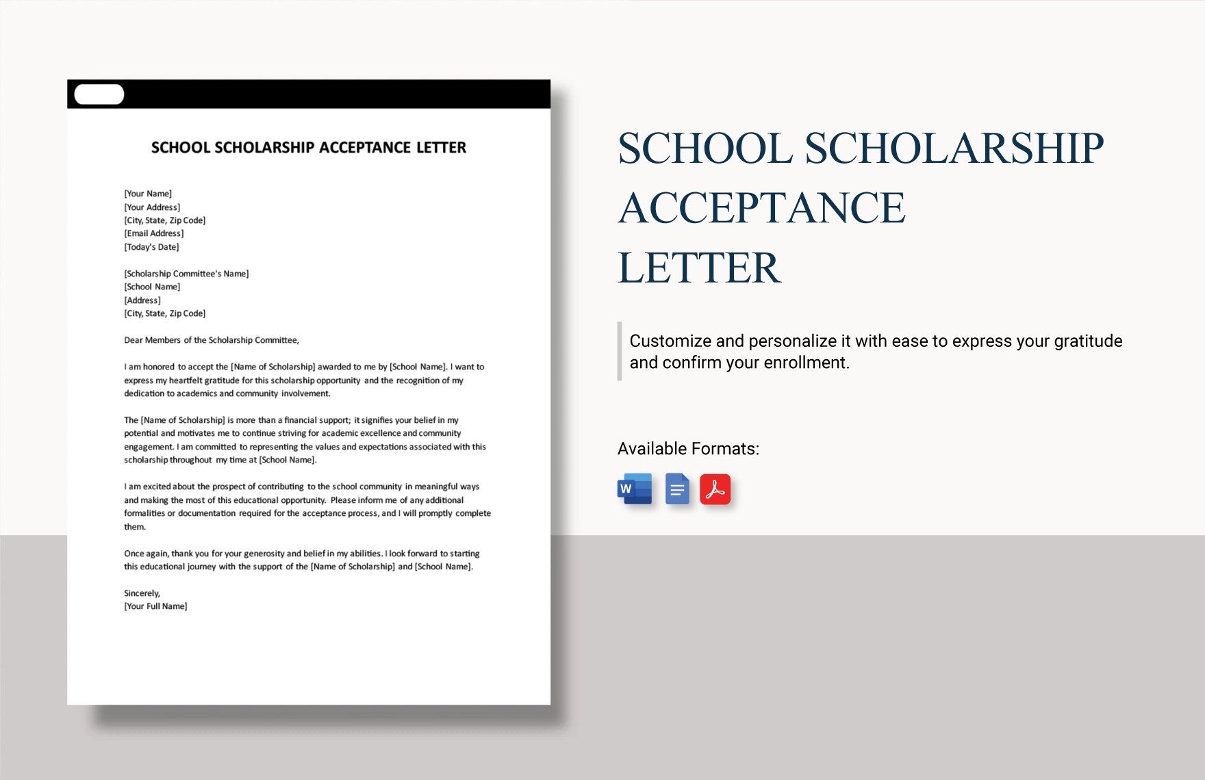 School Scholarship Acceptance Letter in Word, Google Docs, PDF