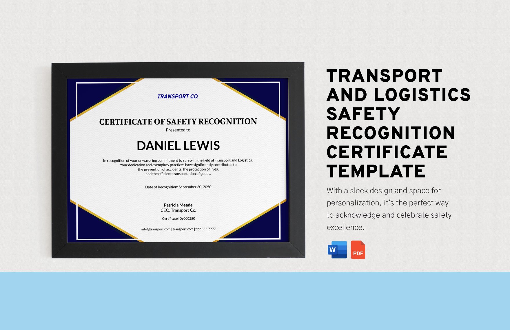 Transport and Logistics Safety Recognition Certificate Template