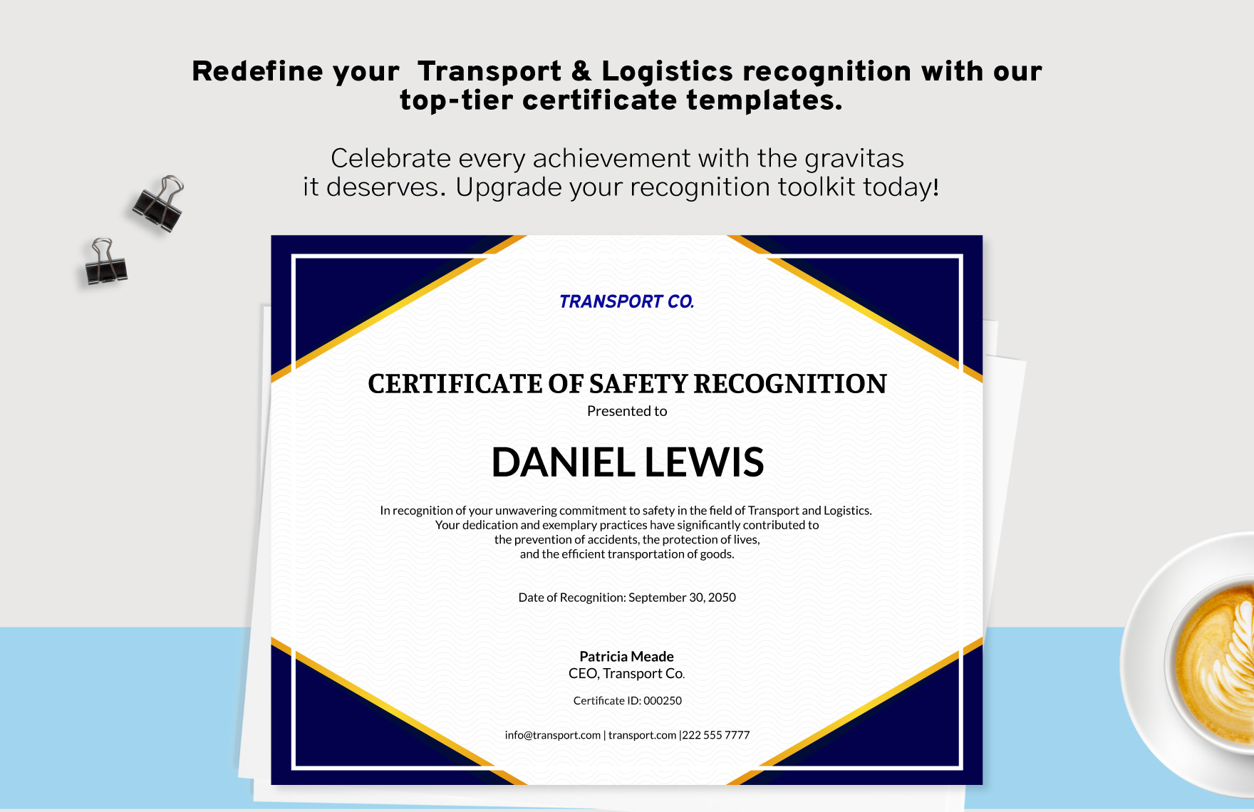 Transport and Logistics Safety Recognition Certificate Template