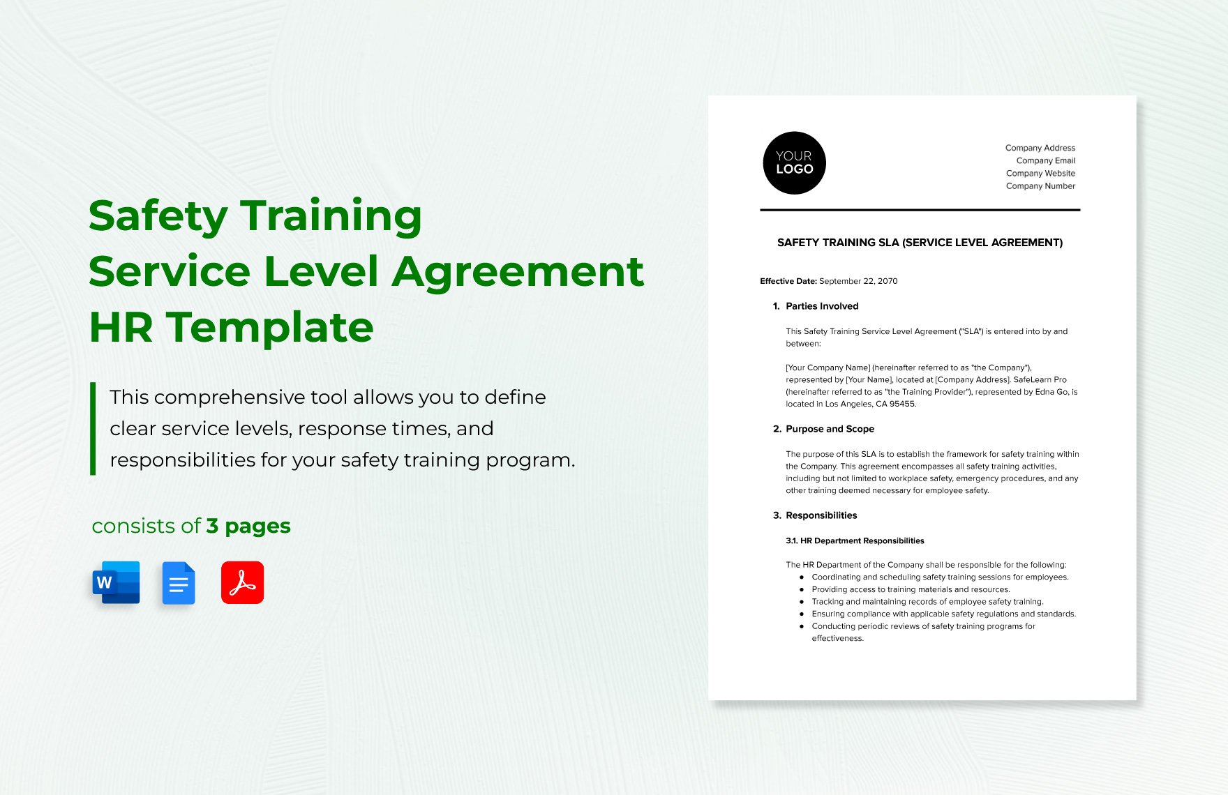Safety Training SLA (Service Level Agreement) HR Template in Word, Google Docs, PDF