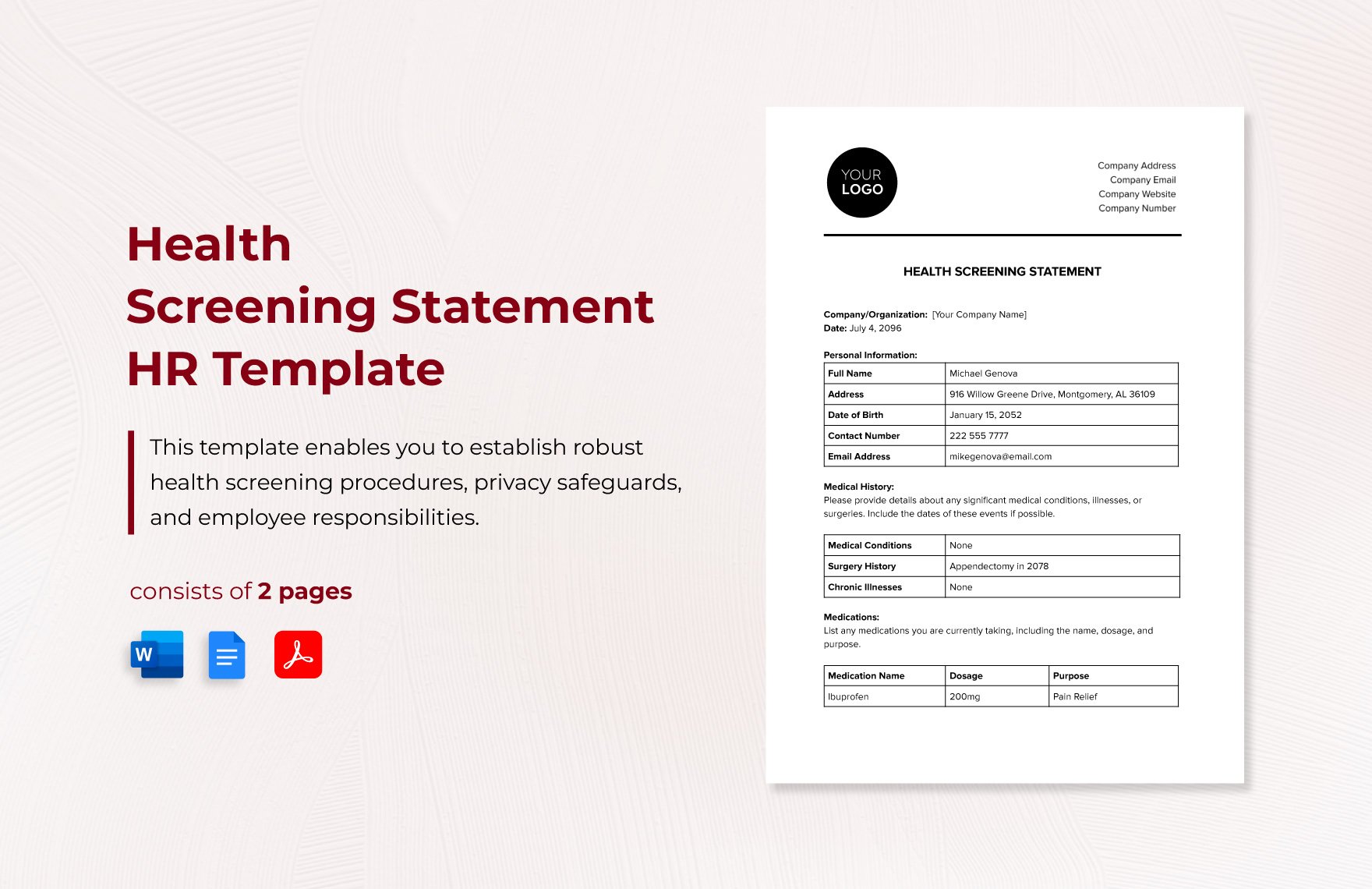 Health Screening Statement HR Template in Word, Google Docs, PDF