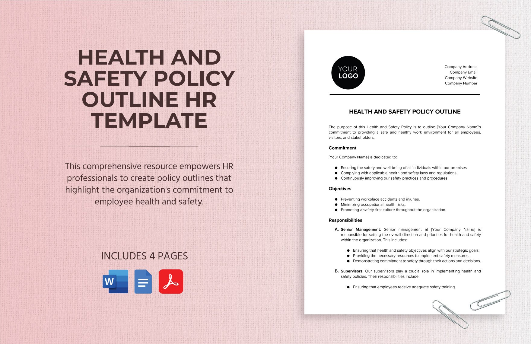 Health and Safety Policy Outline HR Template in Word, Google Docs, PDF