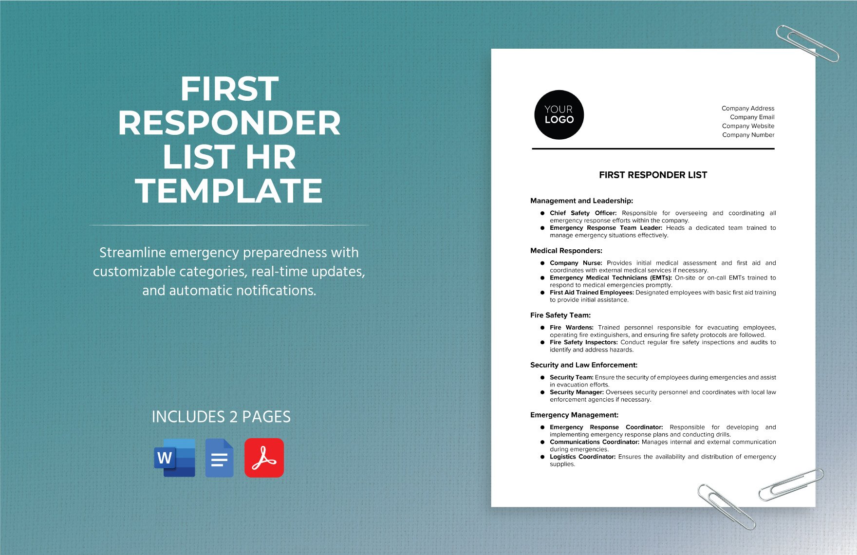 First Responder List HR Template in Word, Google Docs, PDF