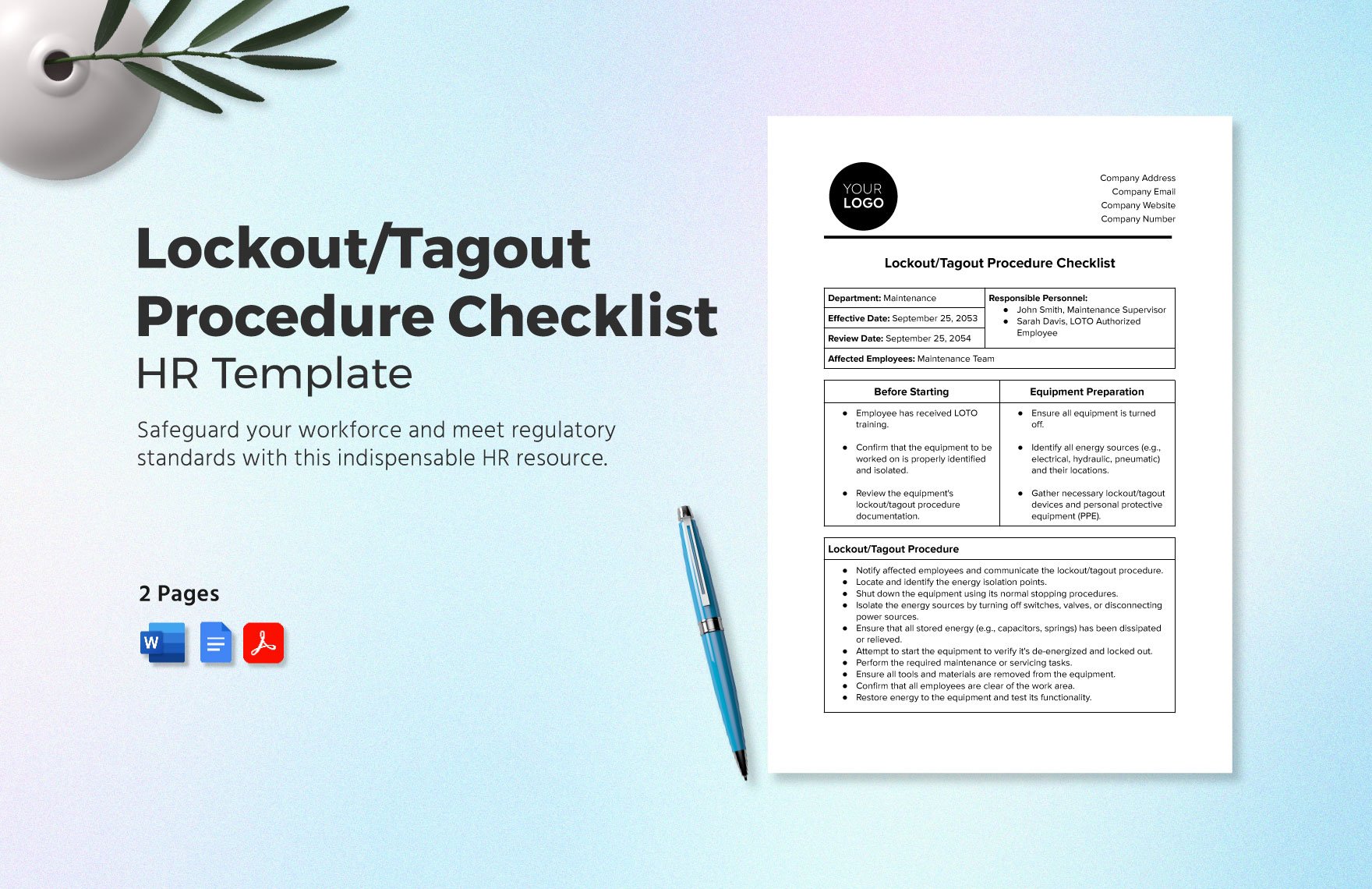 Lockout/Tagout Procedure Checklist HR Template