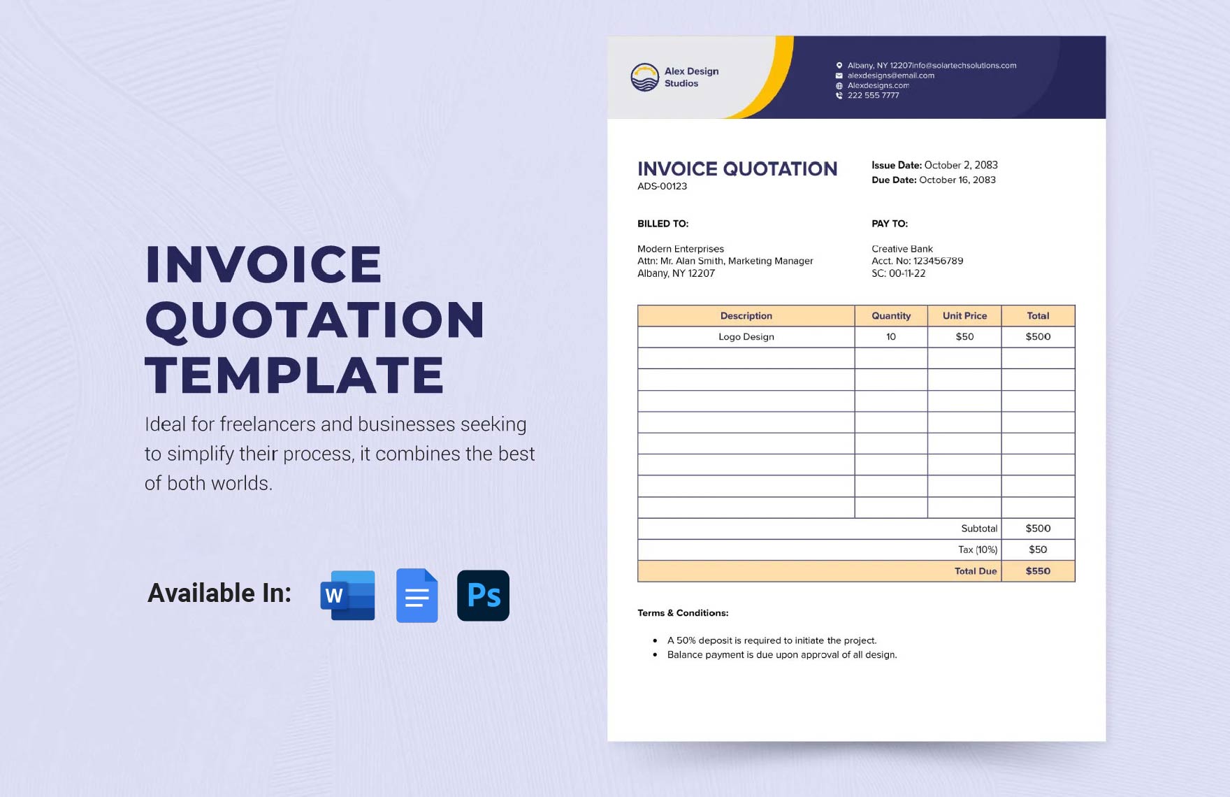 Invoice Quotation Template in Word, PSD, Google Docs - Download | Template.net