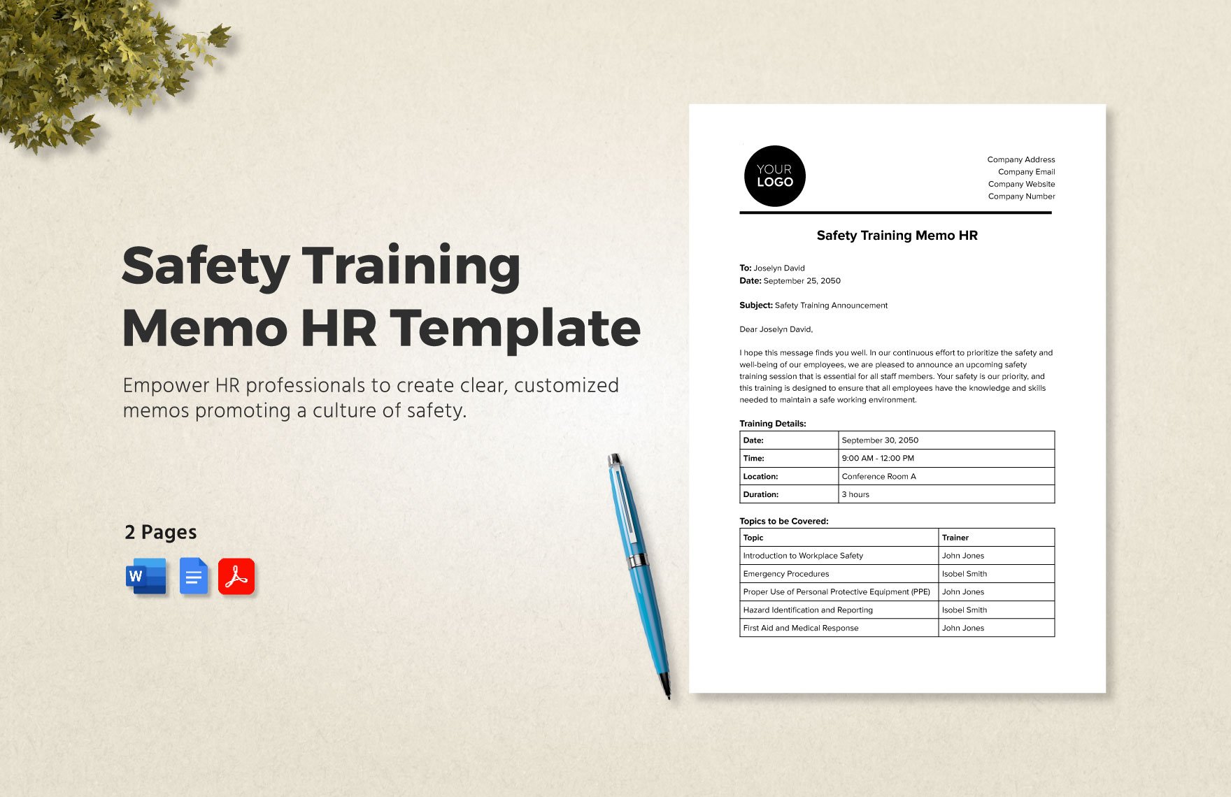 Safety Training Memo HR Template