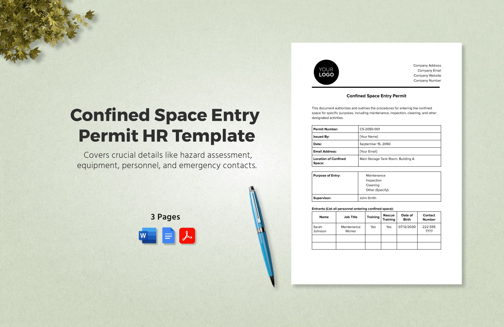 Confined Space Entry Permit HR Template in Word, Google Docs, PDF