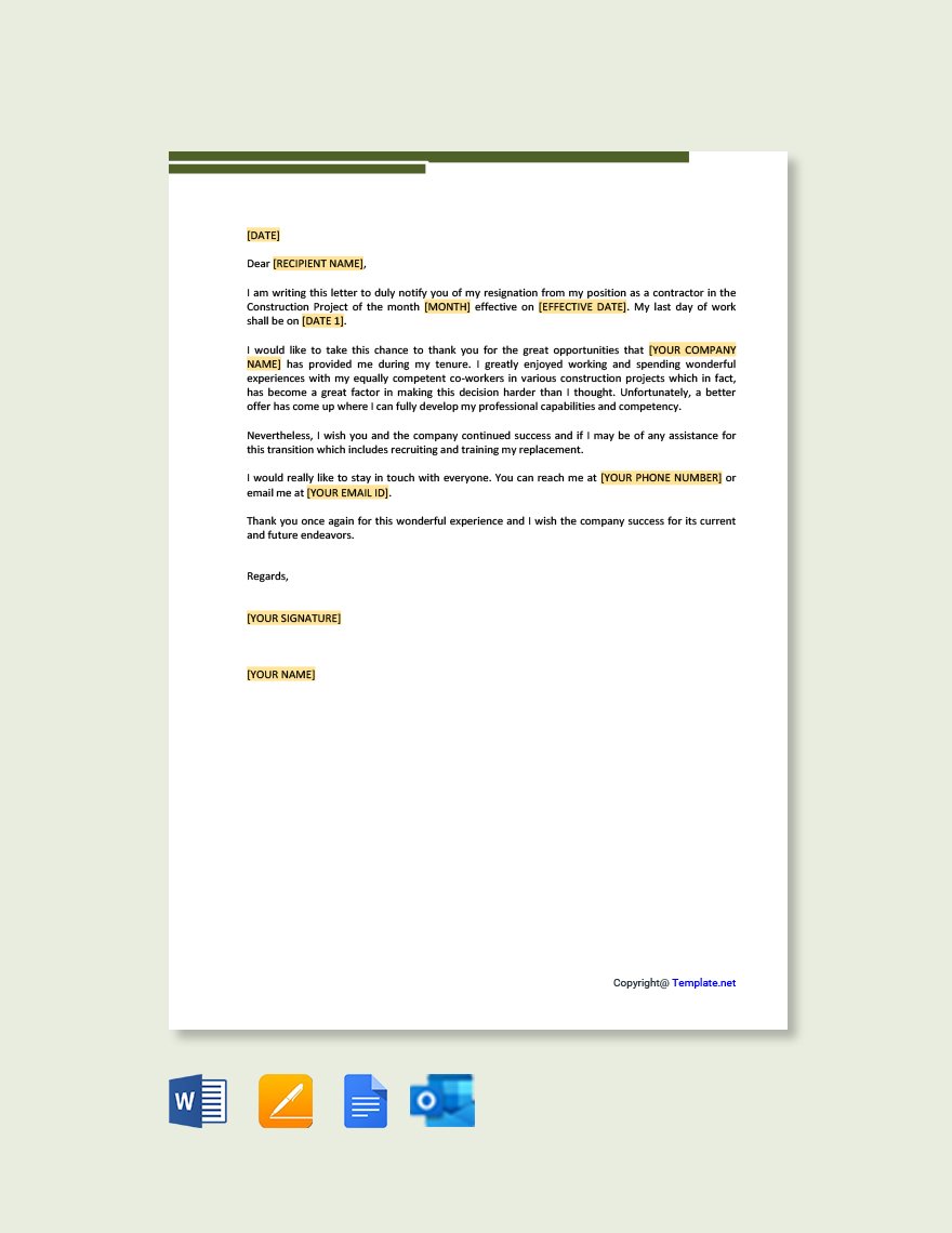 Contractor Resignation Letter in Word, Google Docs, PDF, Apple Pages, Outlook