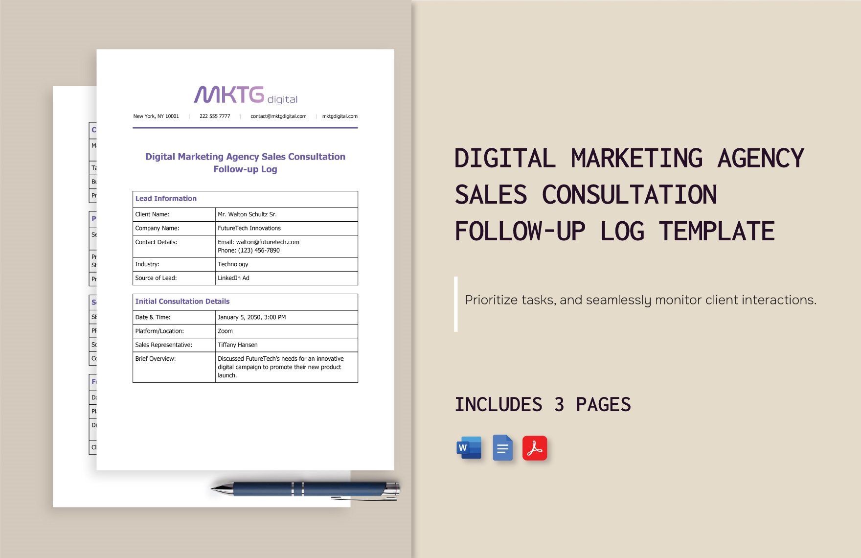 Digital Marketing Agency Sales Consultation Follow-up Log Template in Word, Google Docs, PDF