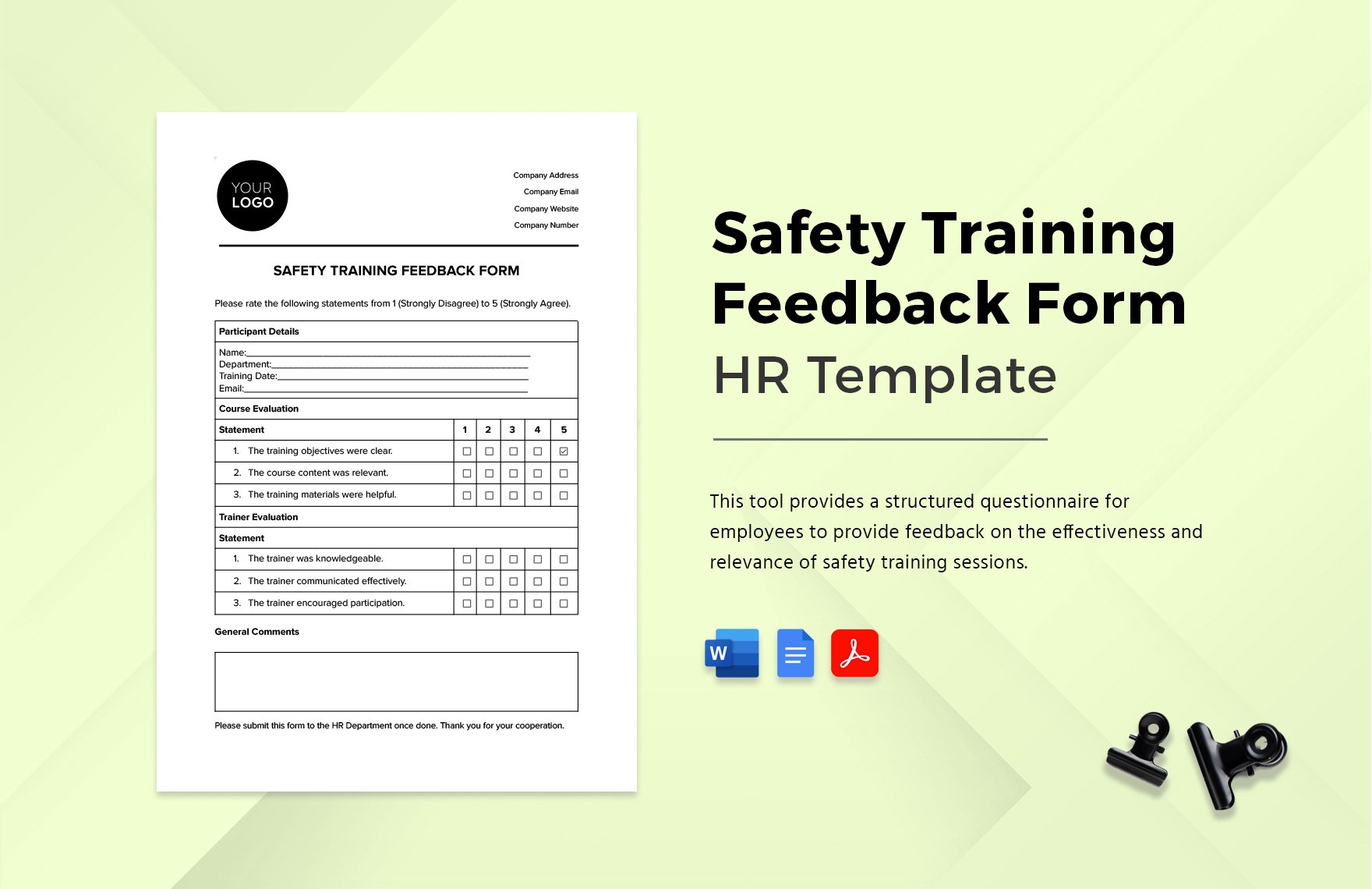 Safety Training Feedback Form HR Template in Word, Google Docs, PDF
