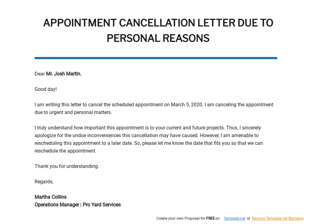 Free Appointment Cancellation Letter due to Personal Reasons Template.jpe