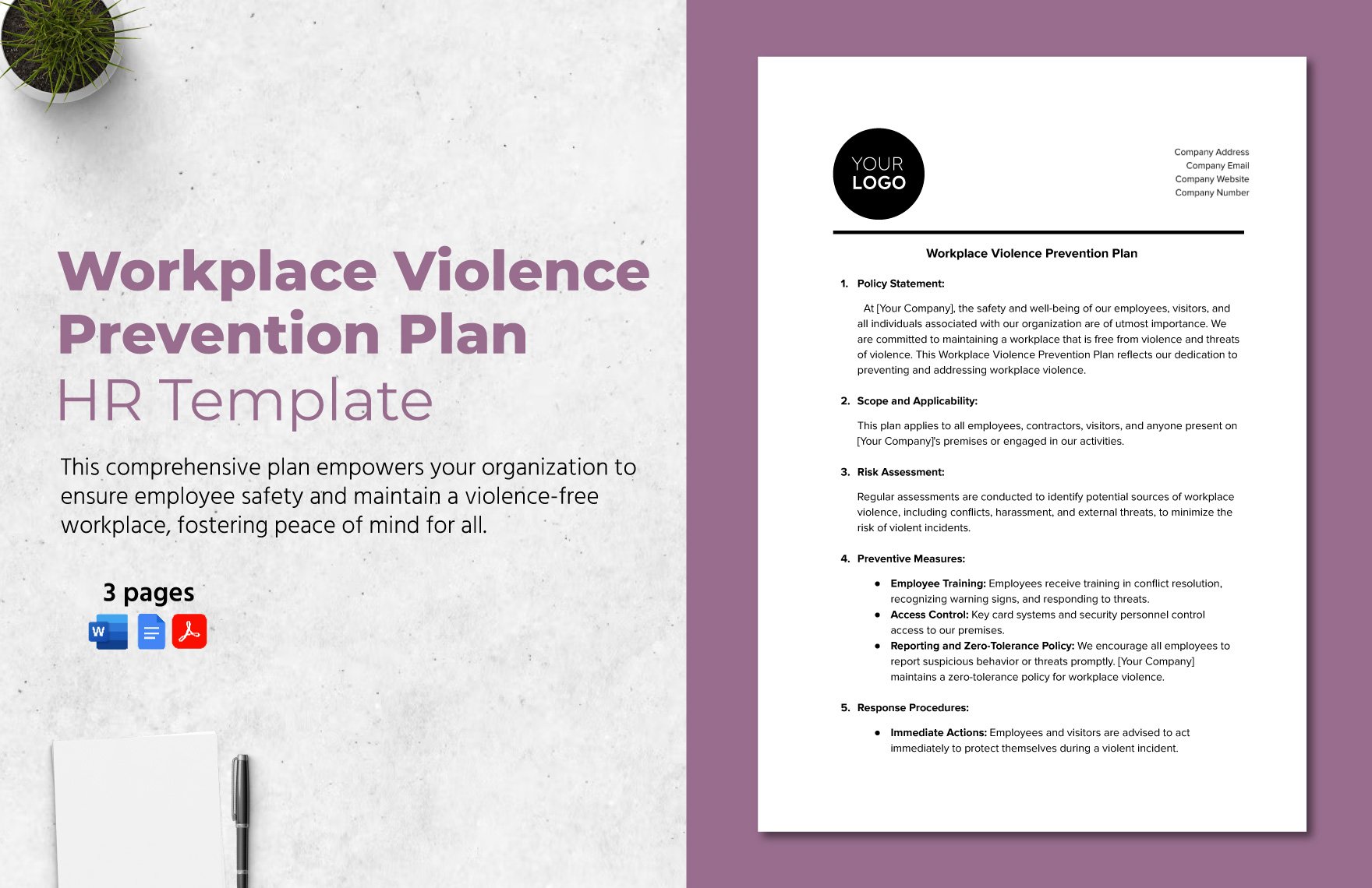 Workplace Violence Prevention Plan HR Template in Word PDF Google