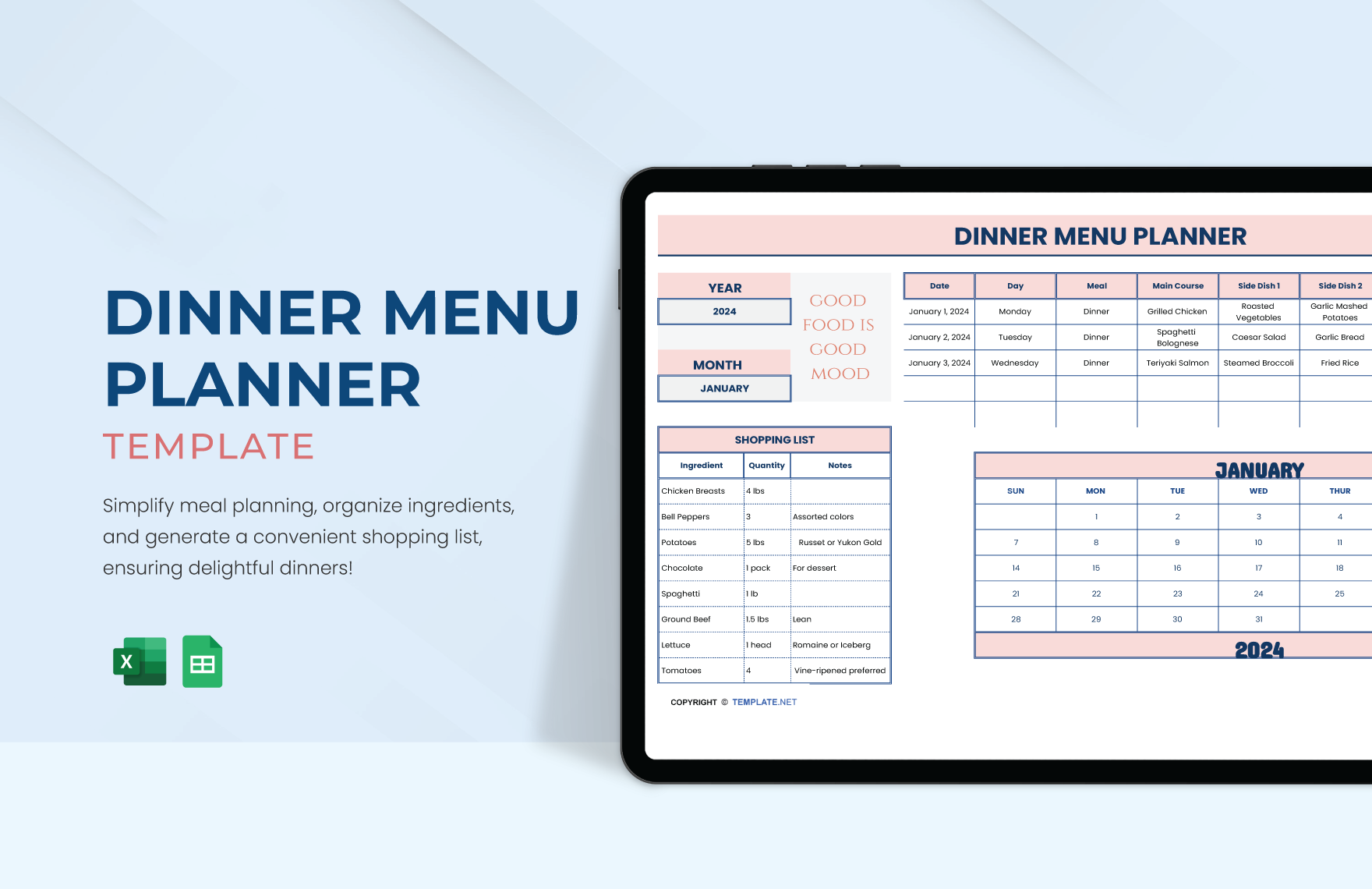 Dinner Planner Template in Excel, Google Sheets