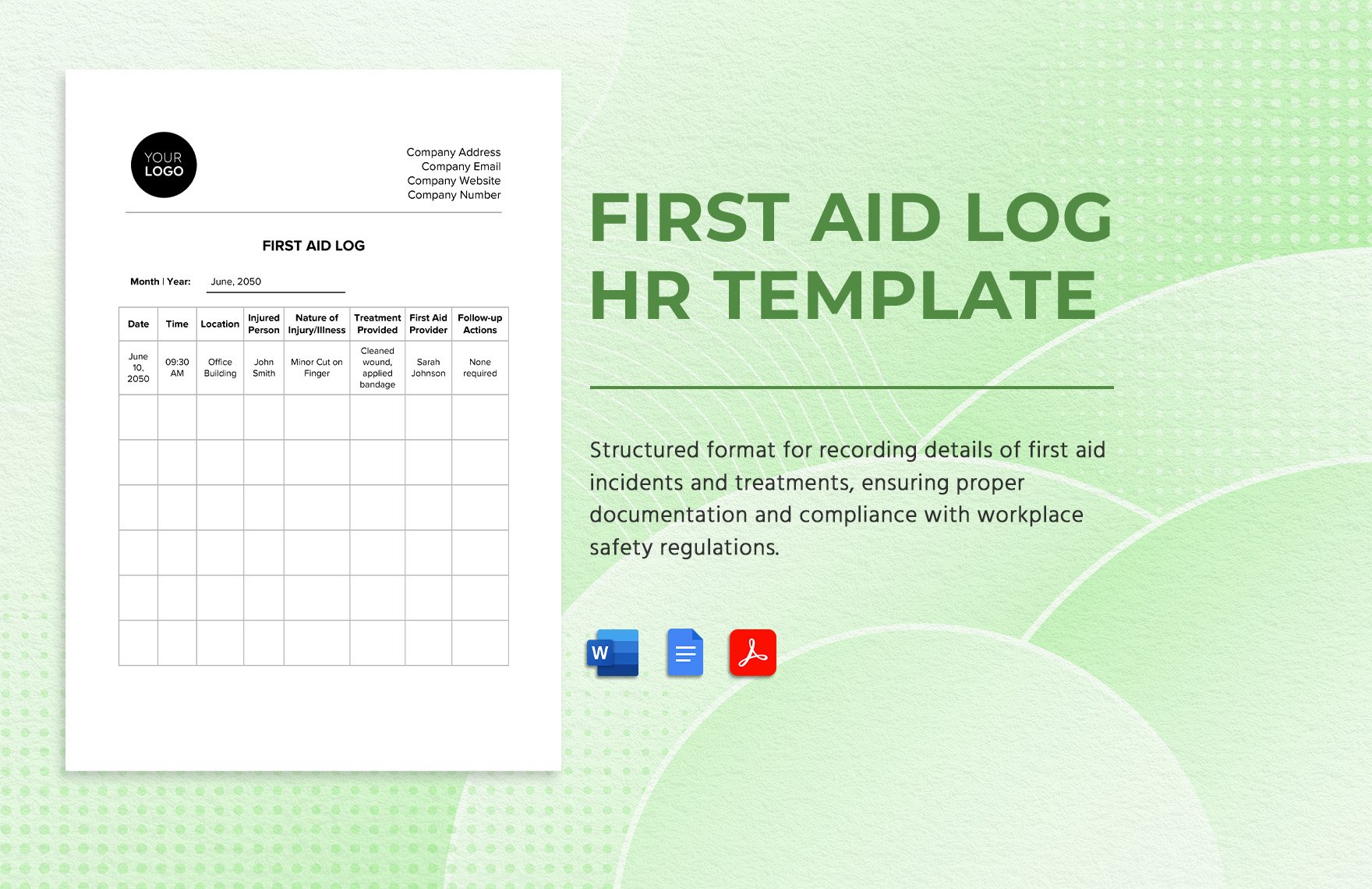 First Aid Log HR Template in Word, Google Docs, PDF