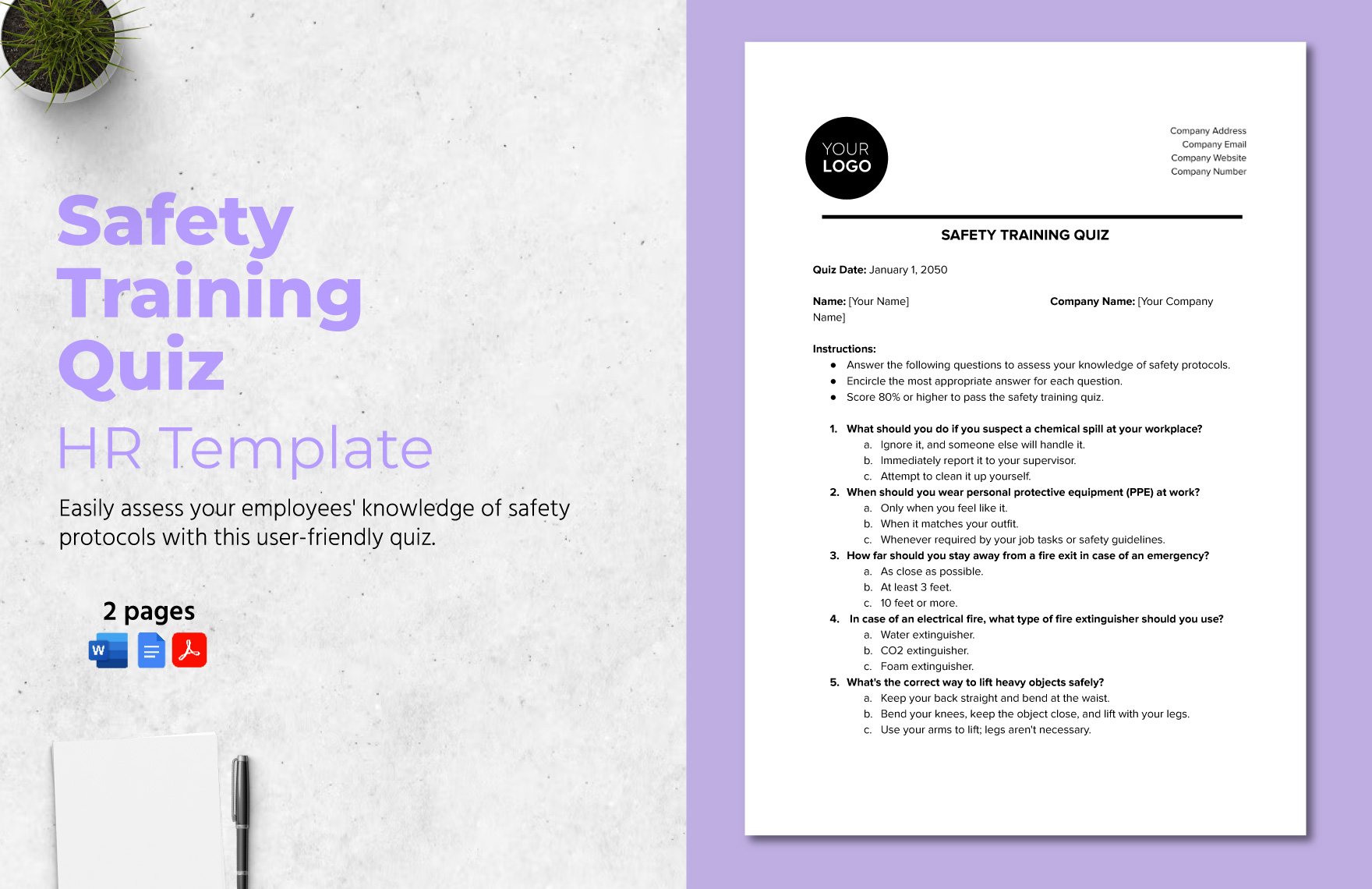 Safety Training Quiz HR Template in Word, Google Docs, PDF