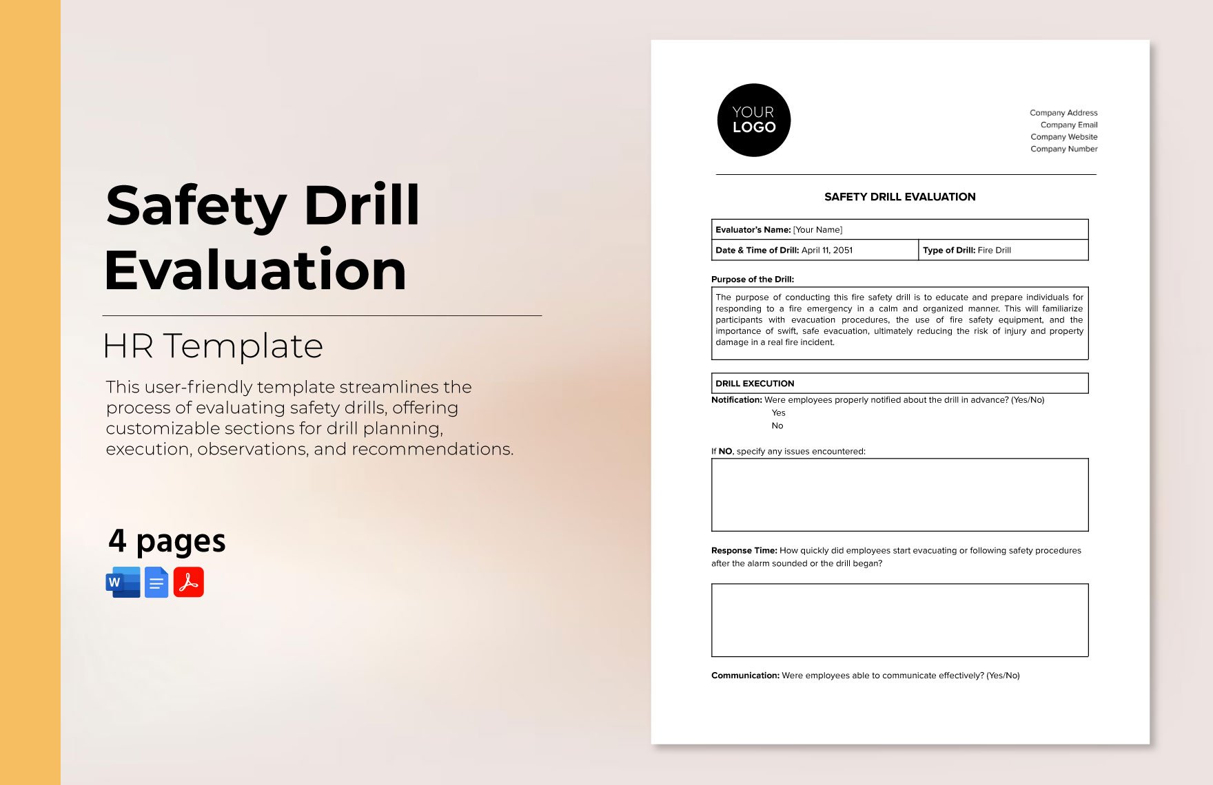 Safety Drill Evaluation HR Template in Word, Google Docs, PDF