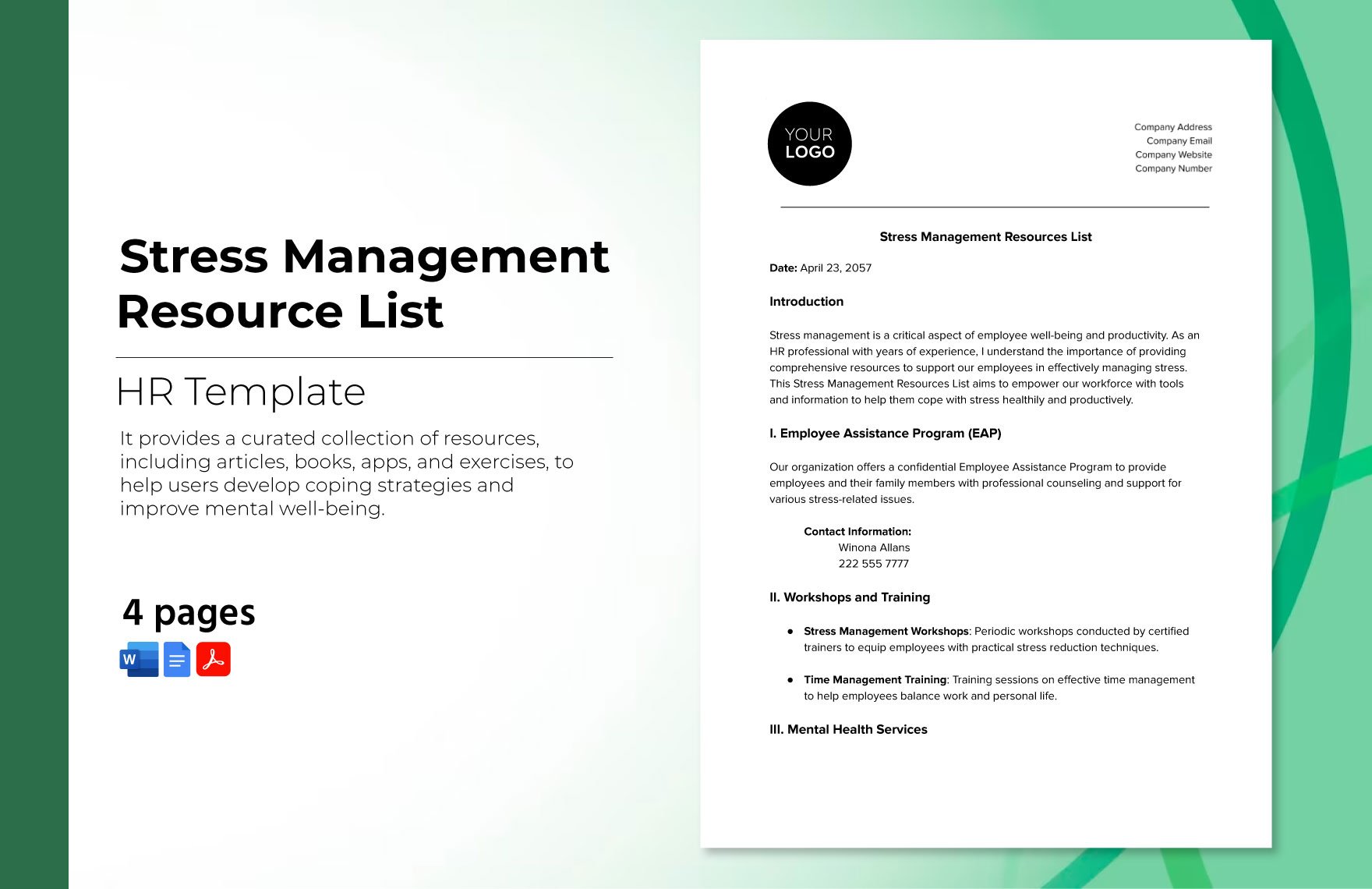 Stress Management Resources List HR Template in Word, Google Docs, PDF